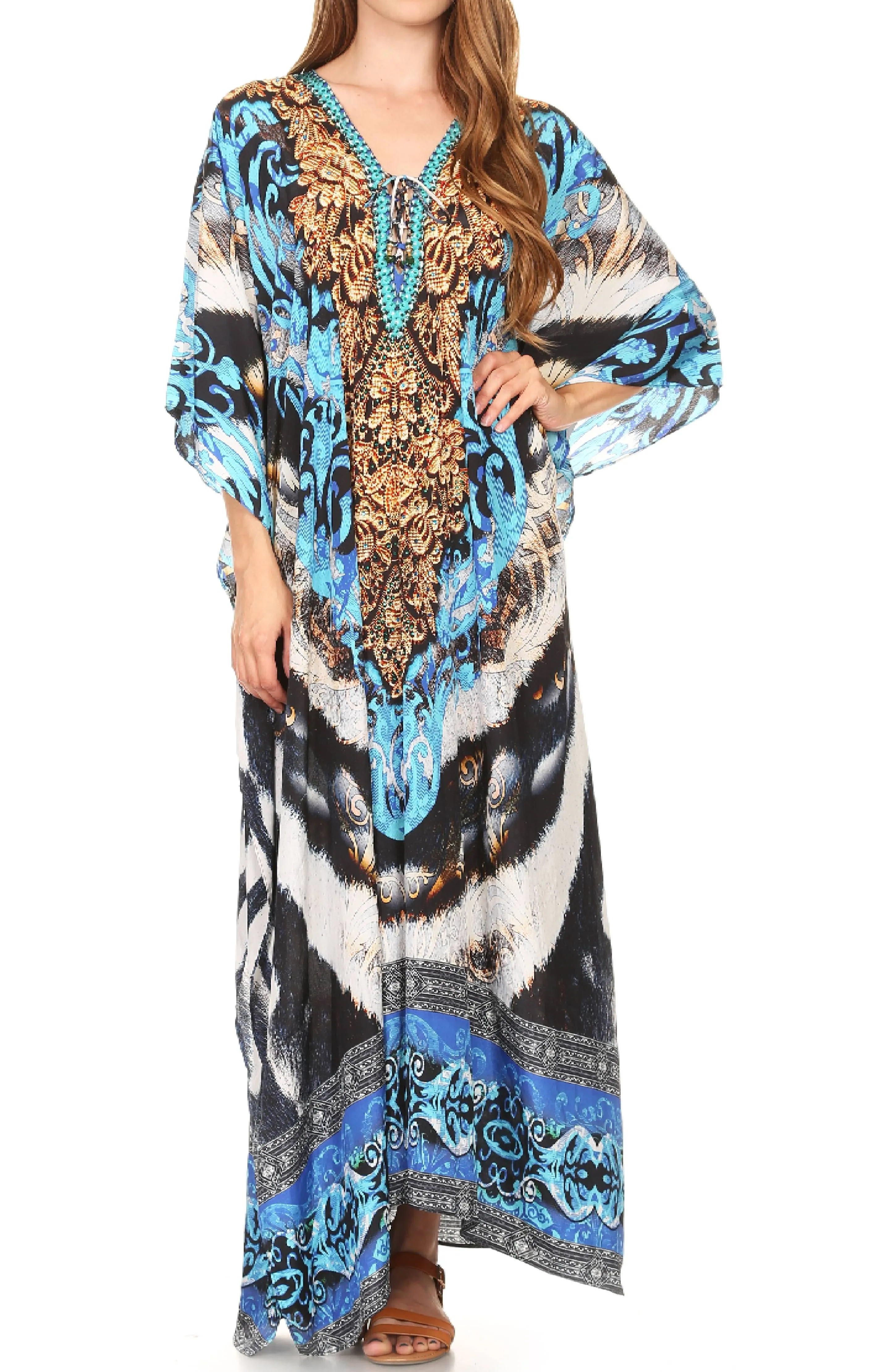 Sakkas Milanna Women's V neck Short Sleeve Vibrant Print Caftan Dress Cover-up