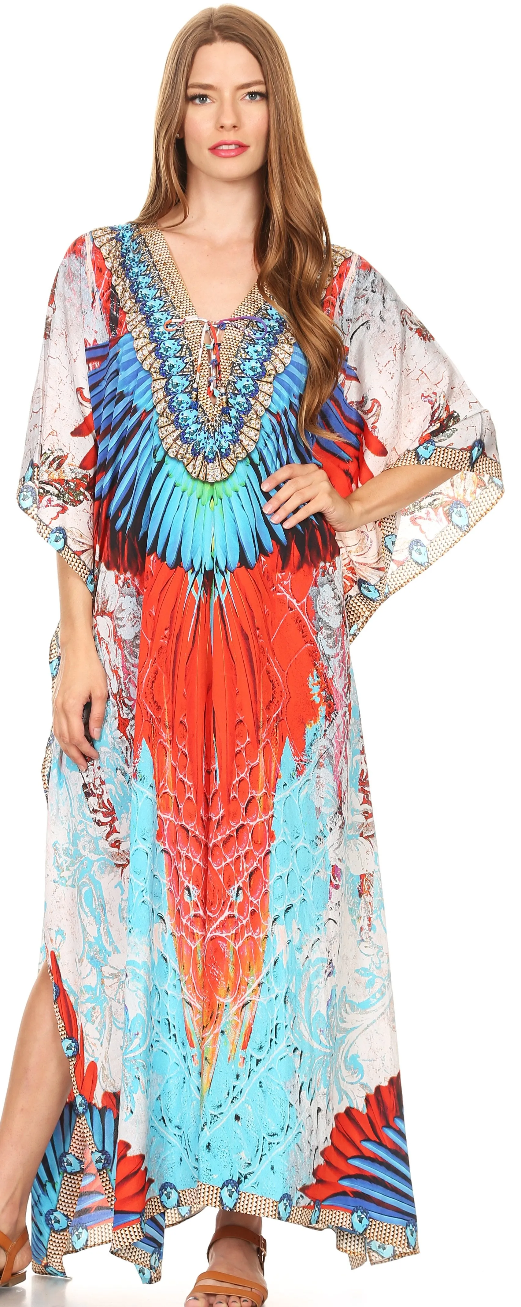 Sakkas Milanna Women's V neck Short Sleeve Vibrant Print Caftan Dress Cover-up