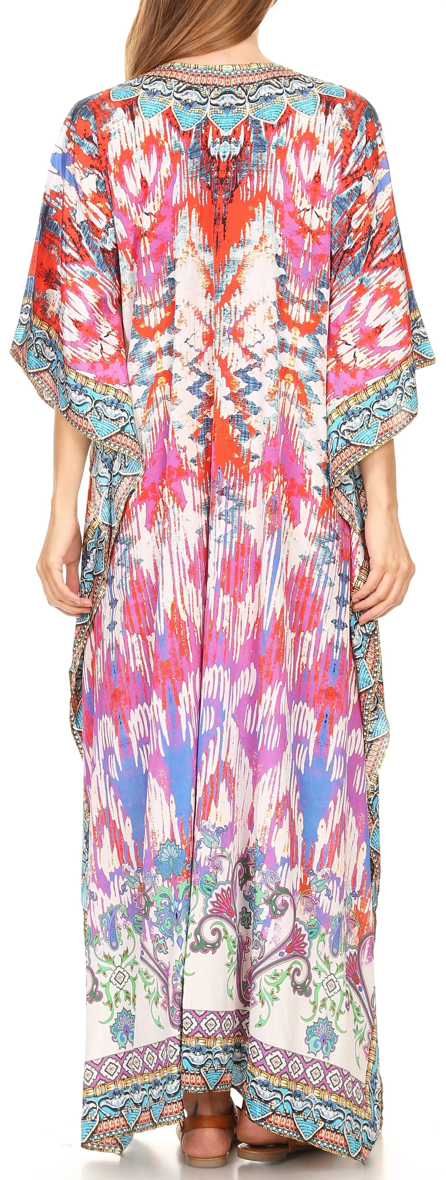 Sakkas Milanna Women's V neck Short Sleeve Vibrant Print Caftan Dress Cover-up