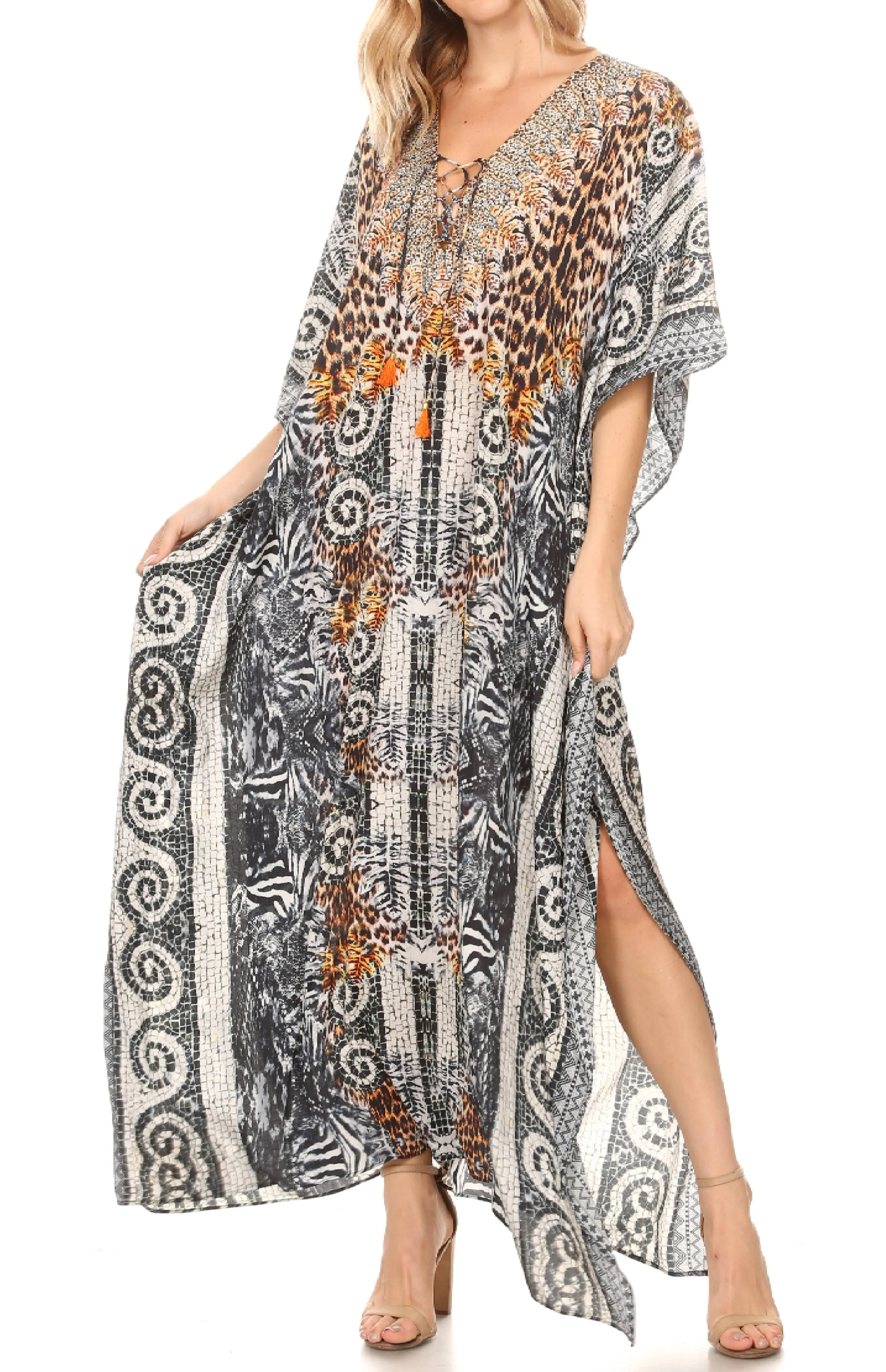 Sakkas Milanna Women's V neck Short Sleeve Vibrant Print Caftan Dress Cover-up