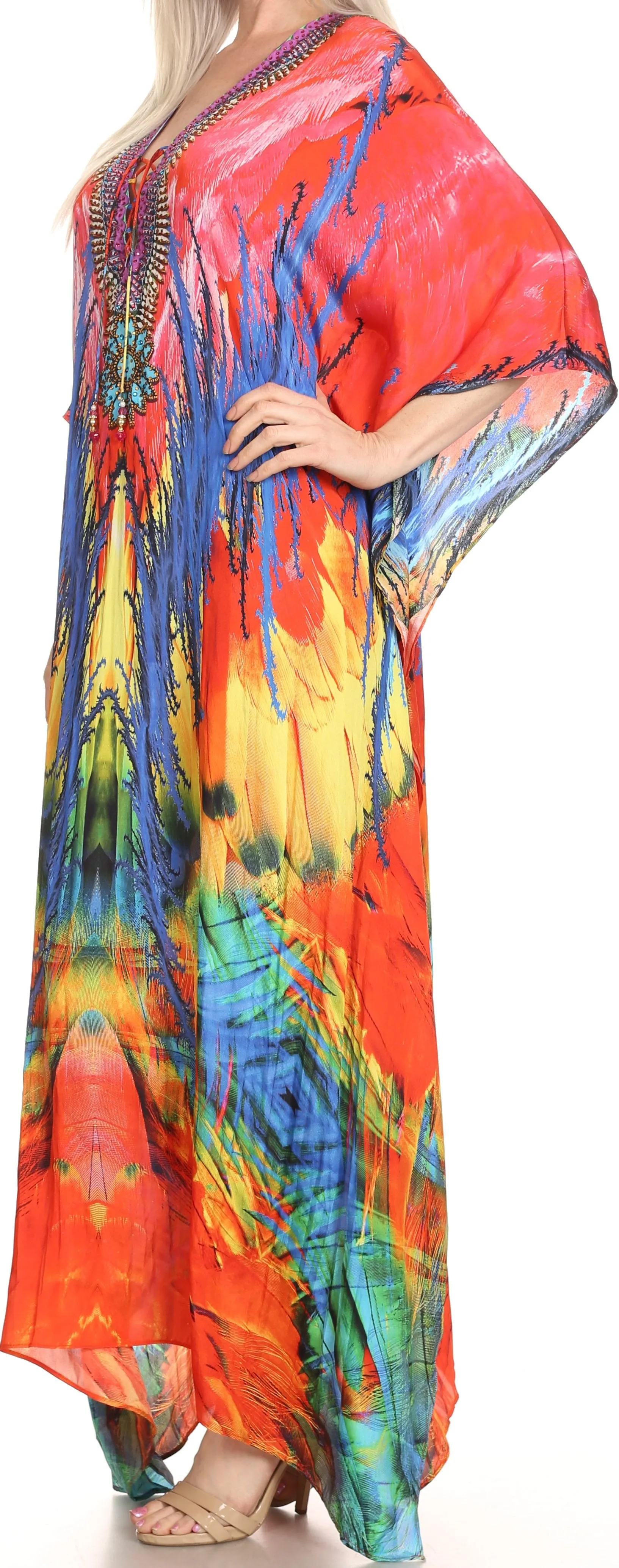 Sakkas Milanna Women's V neck Short Sleeve Vibrant Print Caftan Dress Cover-up