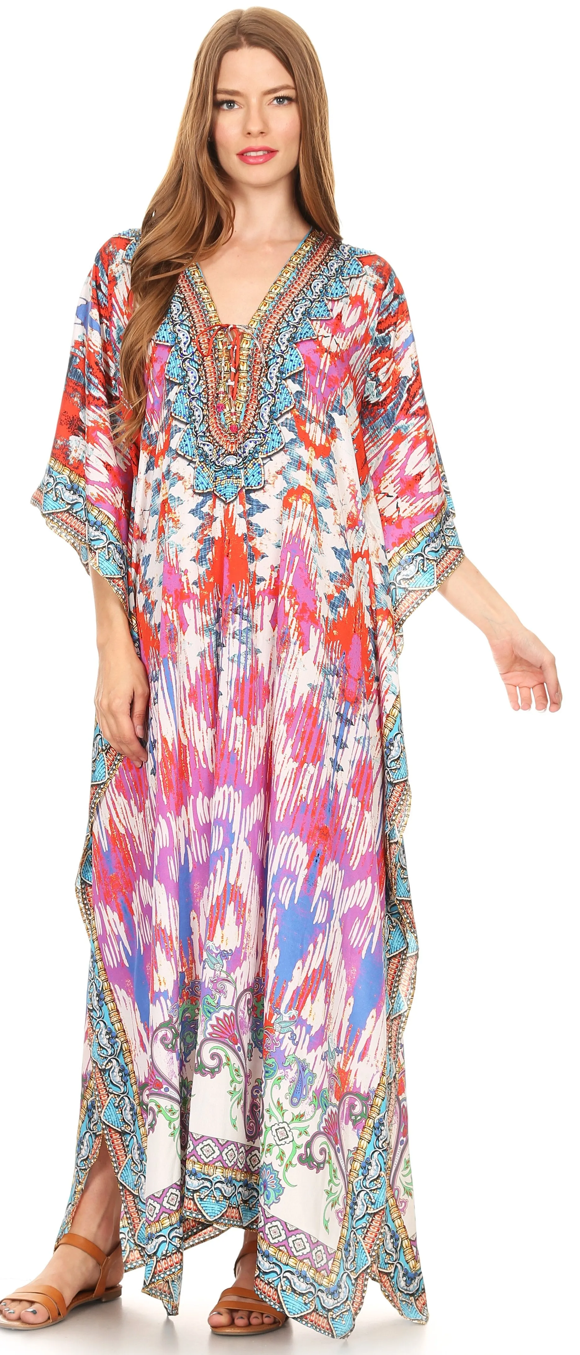 Sakkas Milanna Women's V neck Short Sleeve Vibrant Print Caftan Dress Cover-up