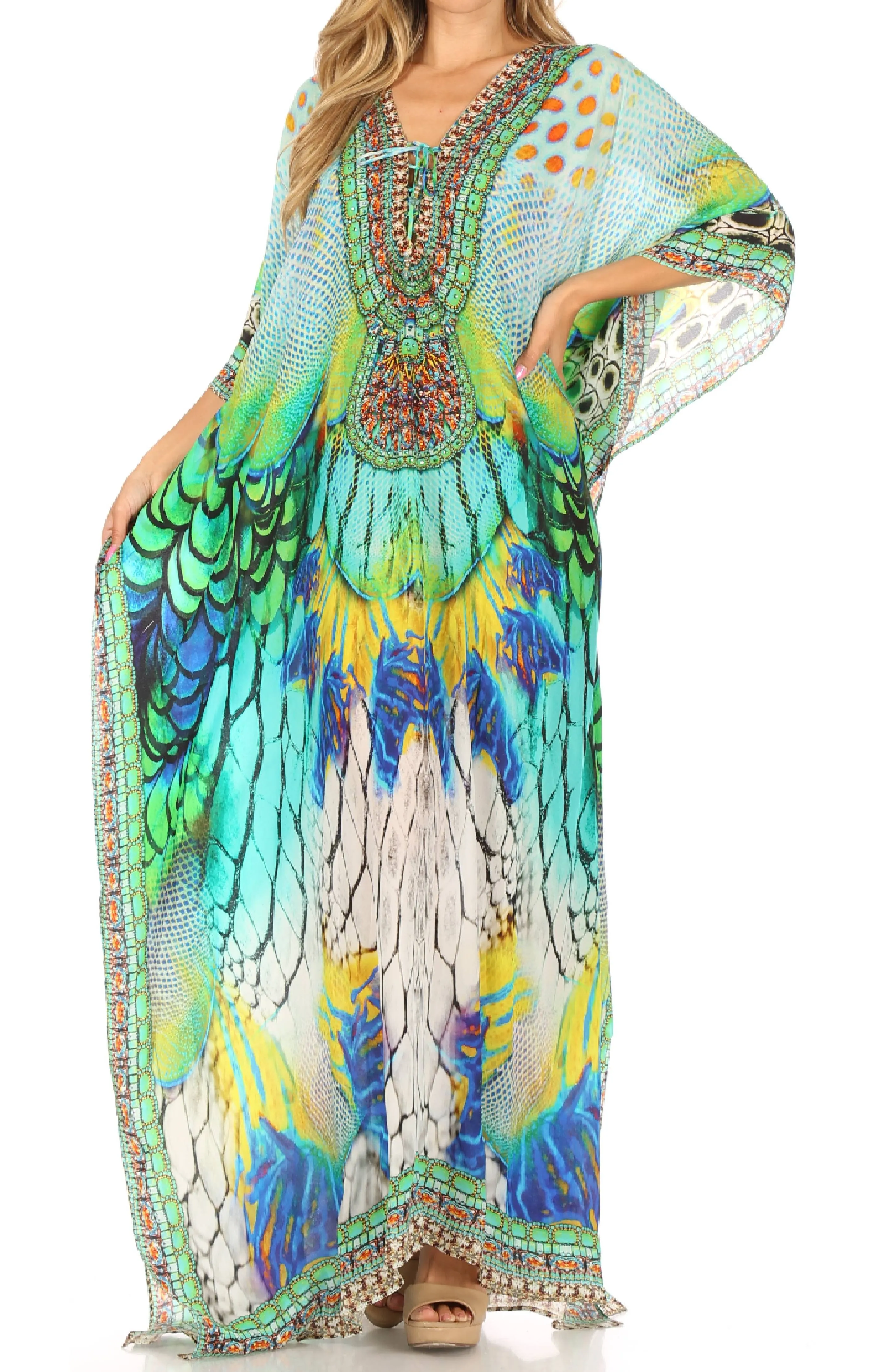 Sakkas Milanna Women's V neck Short Sleeve Vibrant Print Caftan Dress Cover-up