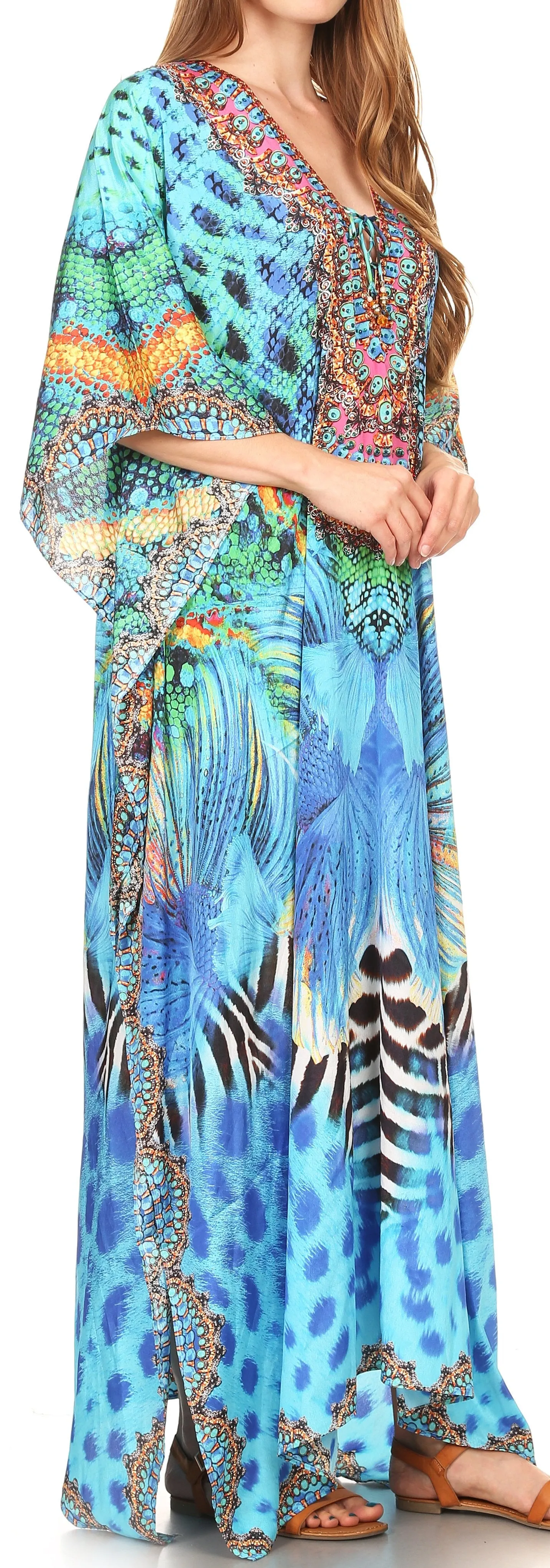 Sakkas Milanna Women's V neck Short Sleeve Vibrant Print Caftan Dress Cover-up