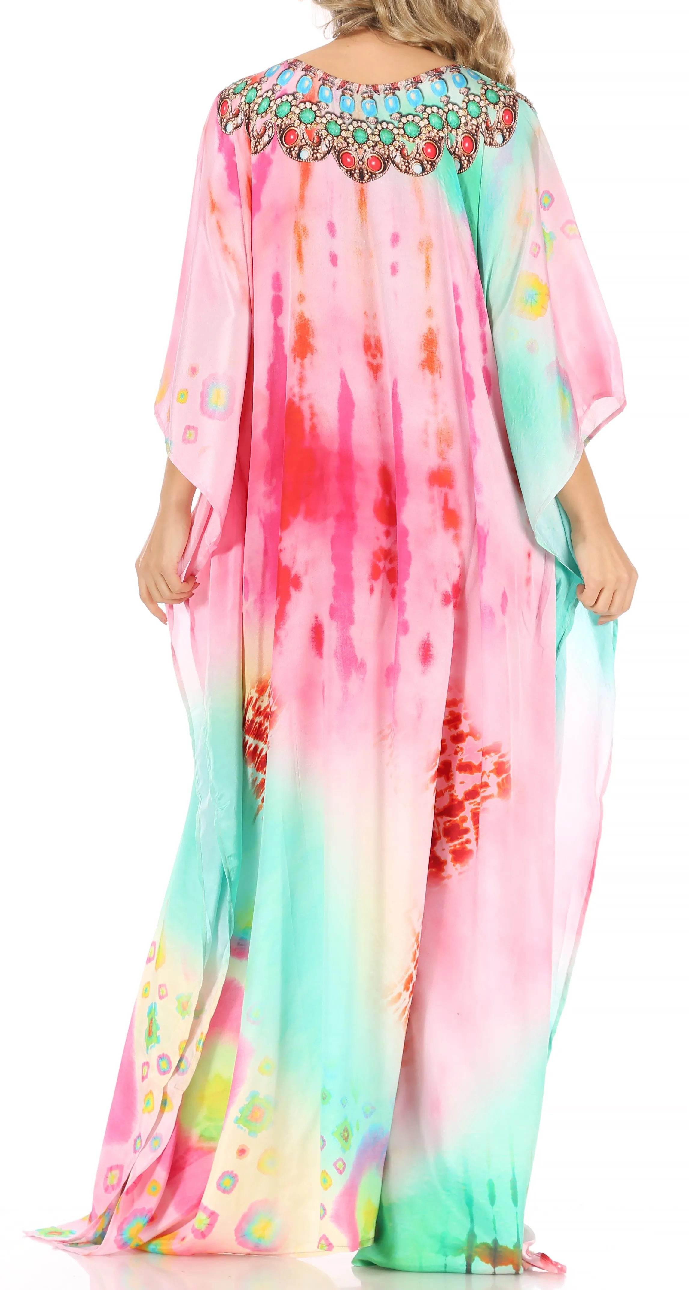 Sakkas Milanna Women's V neck Short Sleeve Vibrant Print Caftan Dress Cover-up