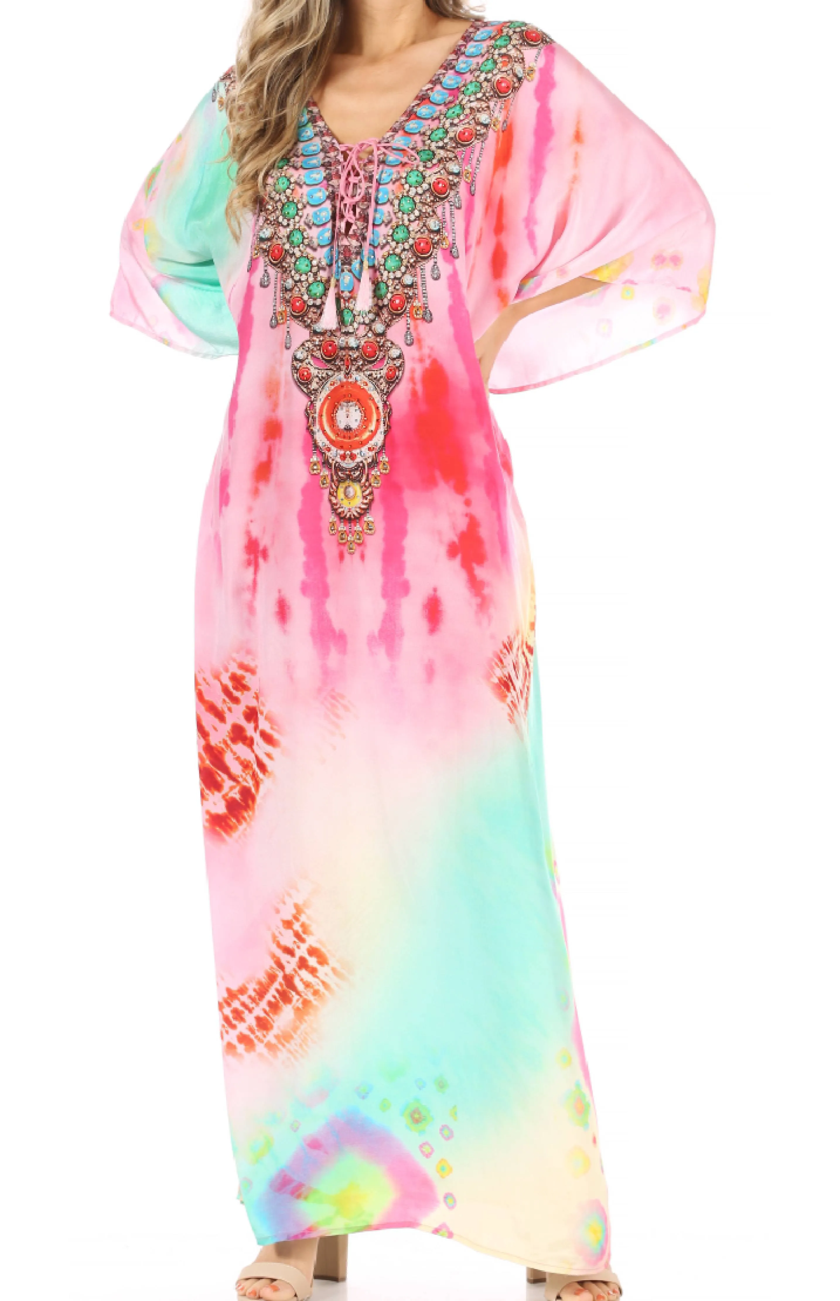 Sakkas Milanna Women's V neck Short Sleeve Vibrant Print Caftan Dress Cover-up