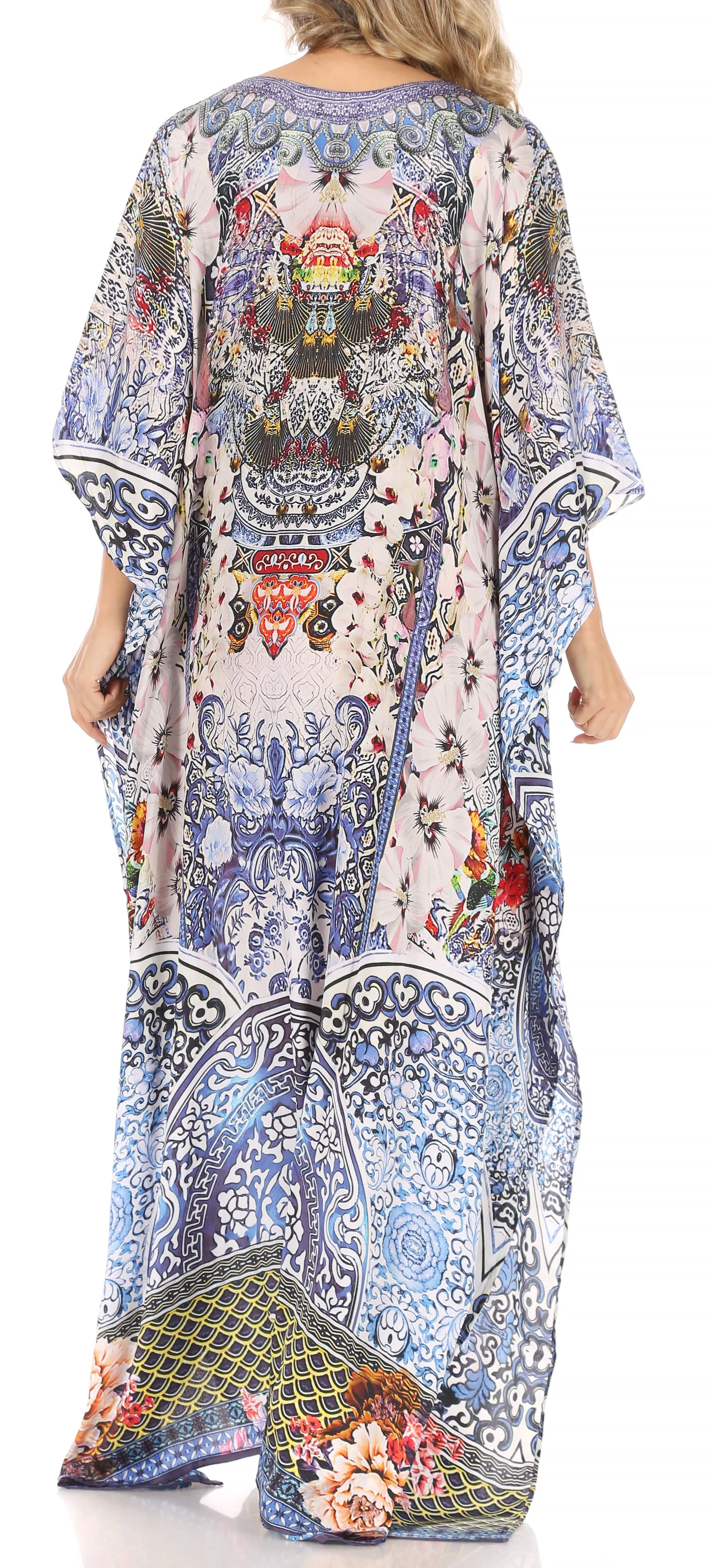 Sakkas Milanna Women's V neck Short Sleeve Vibrant Print Caftan Dress Cover-up