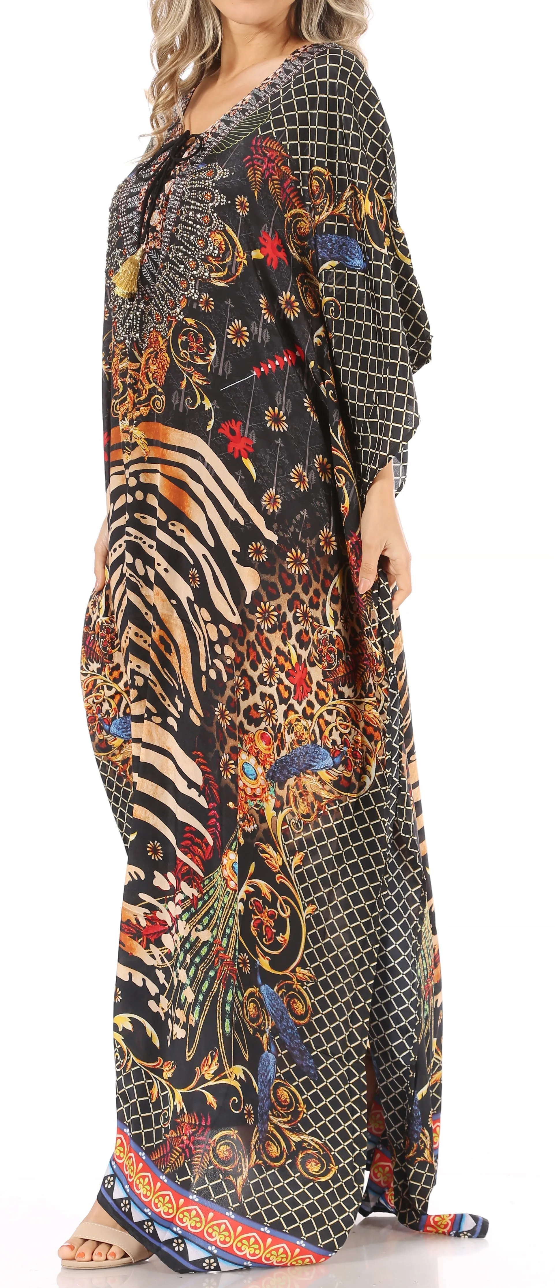 Sakkas Milanna Women's V neck Short Sleeve Vibrant Print Caftan Dress Cover-up