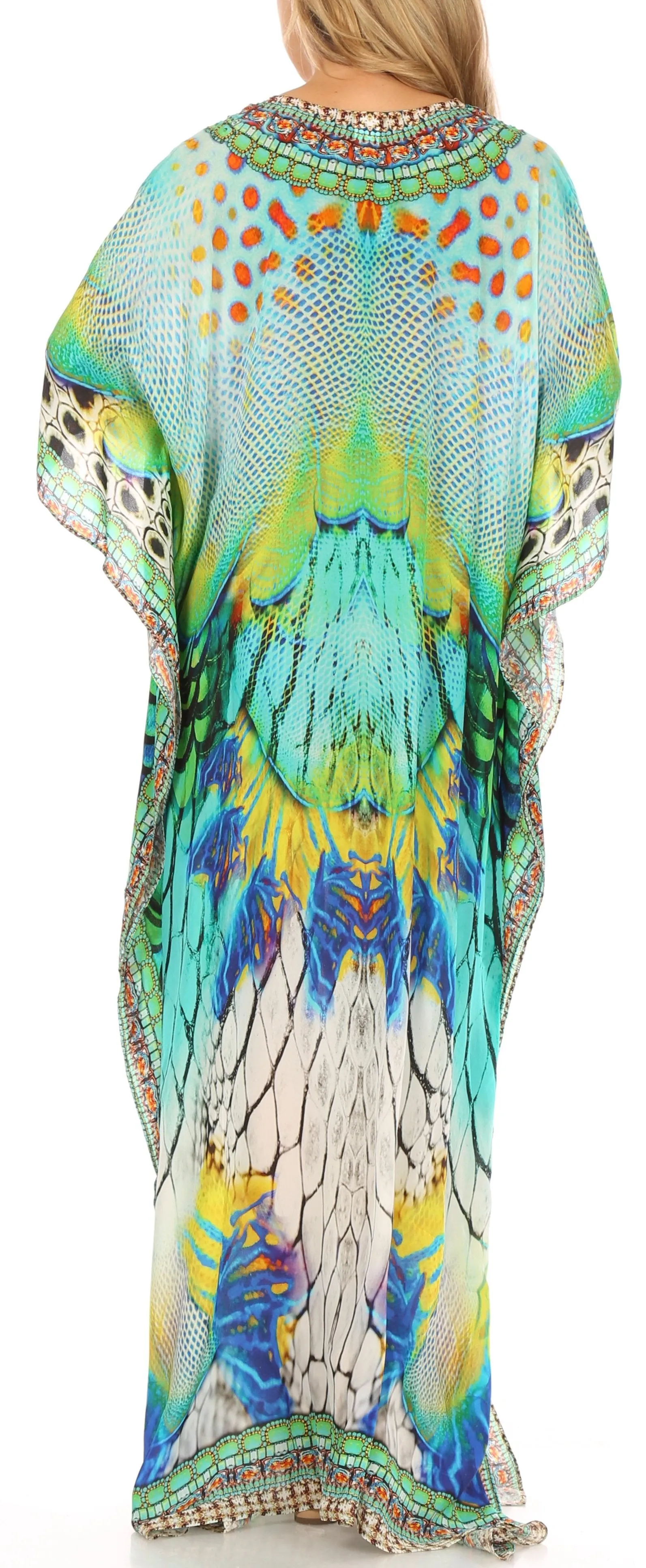 Sakkas Milanna Women's V neck Short Sleeve Vibrant Print Caftan Dress Cover-up