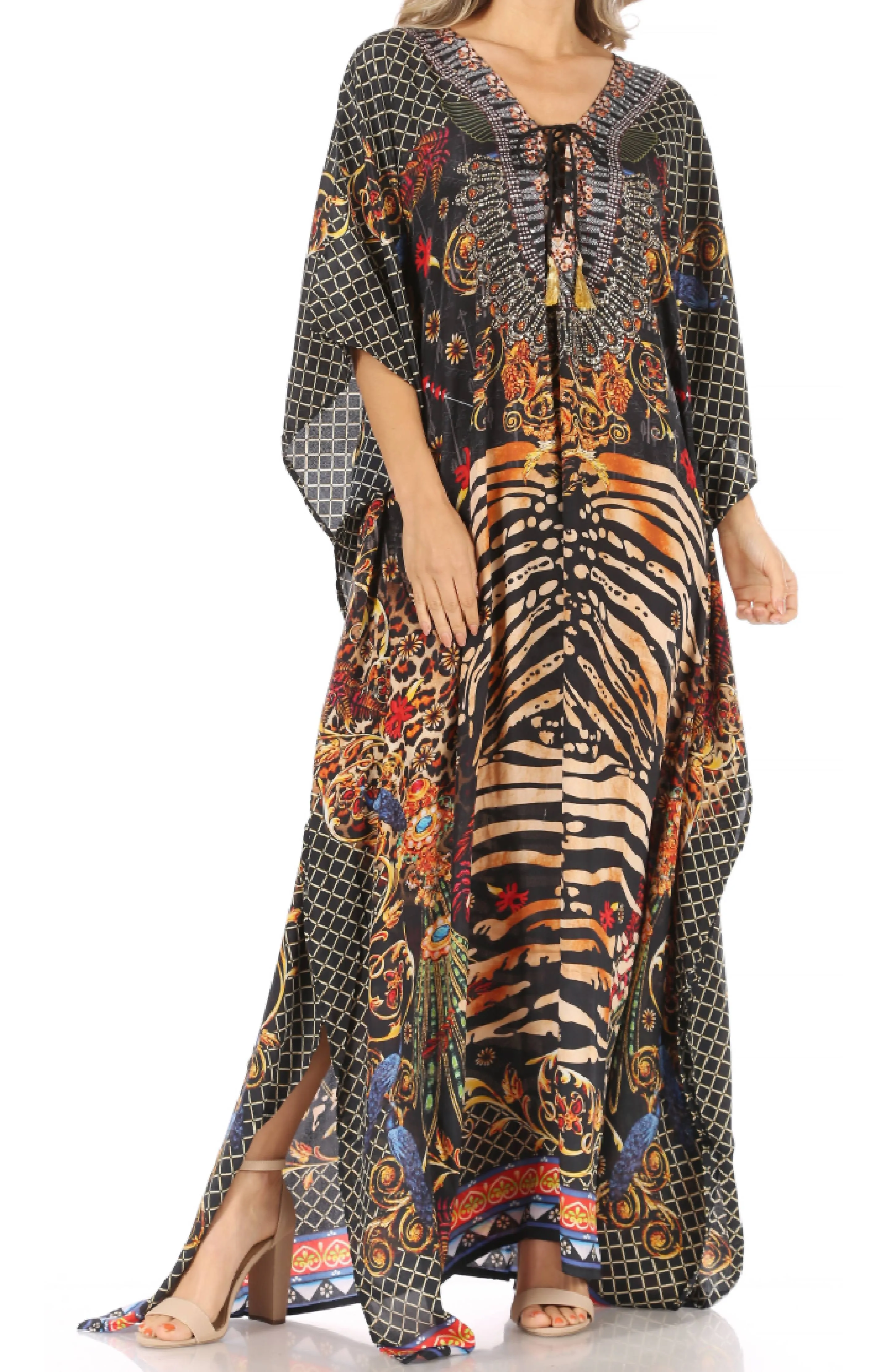 Sakkas Milanna Women's V neck Short Sleeve Vibrant Print Caftan Dress Cover-up