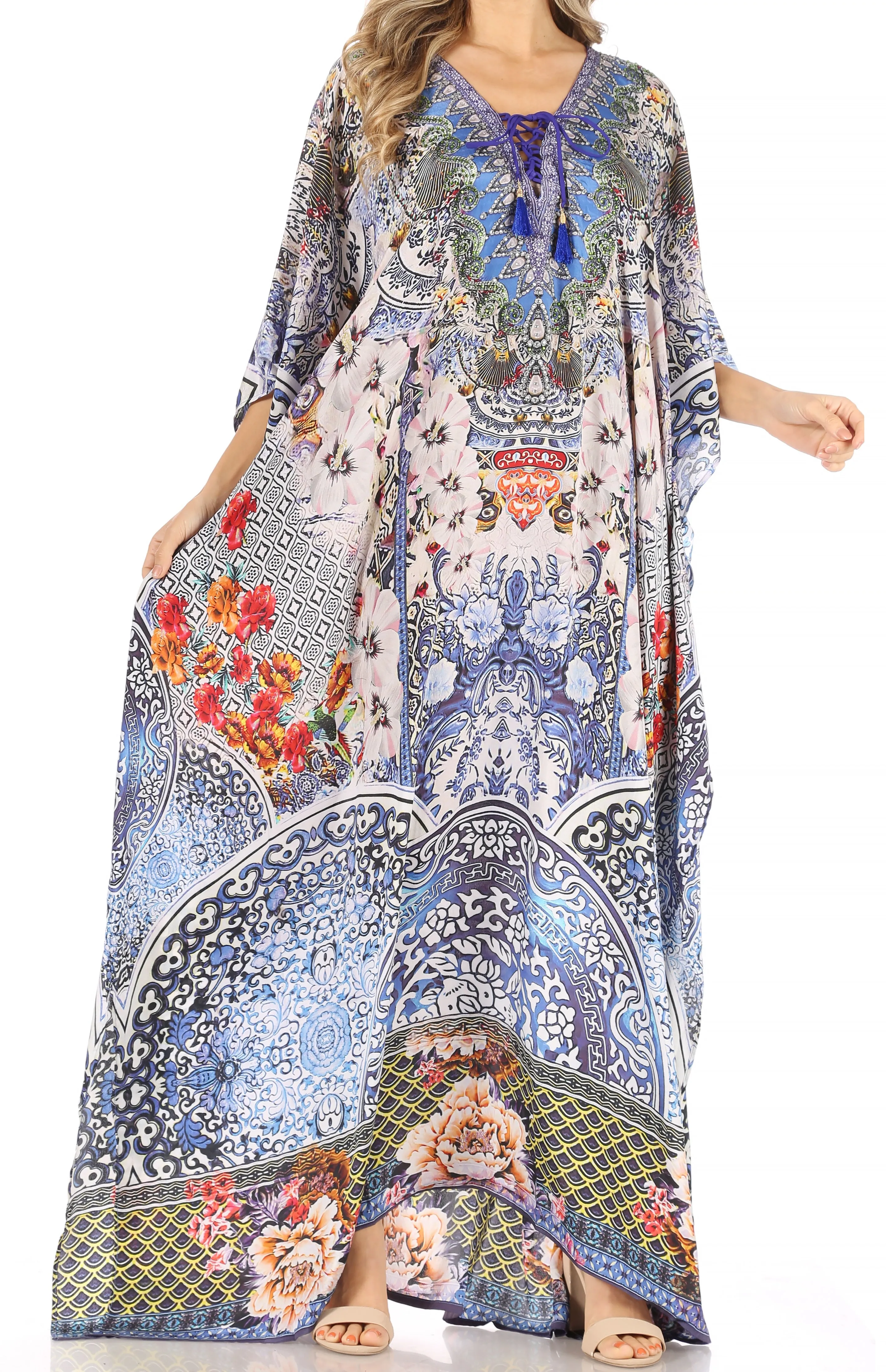 Sakkas Milanna Women's V neck Short Sleeve Vibrant Print Caftan Dress Cover-up