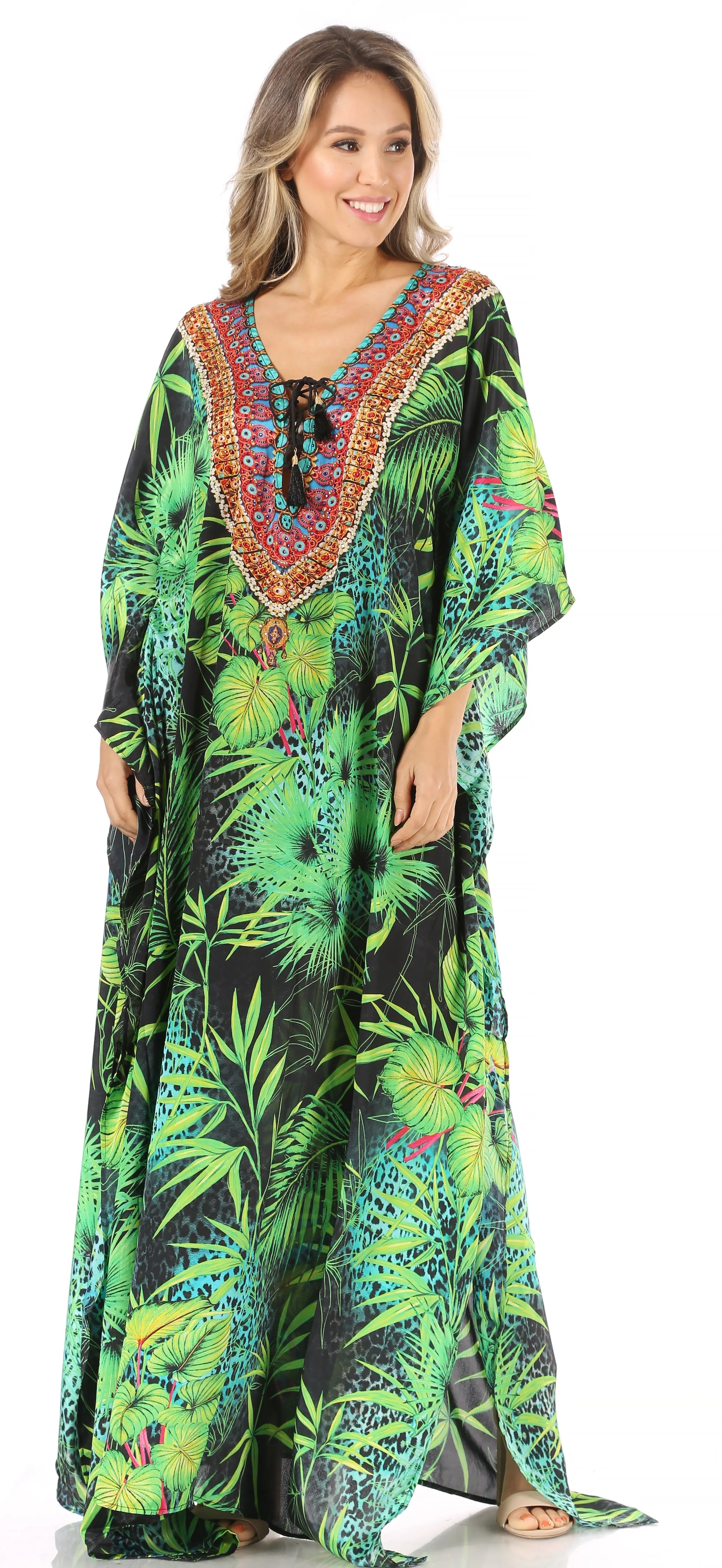 Sakkas Milanna Women's V neck Short Sleeve Vibrant Print Caftan Dress Cover-up