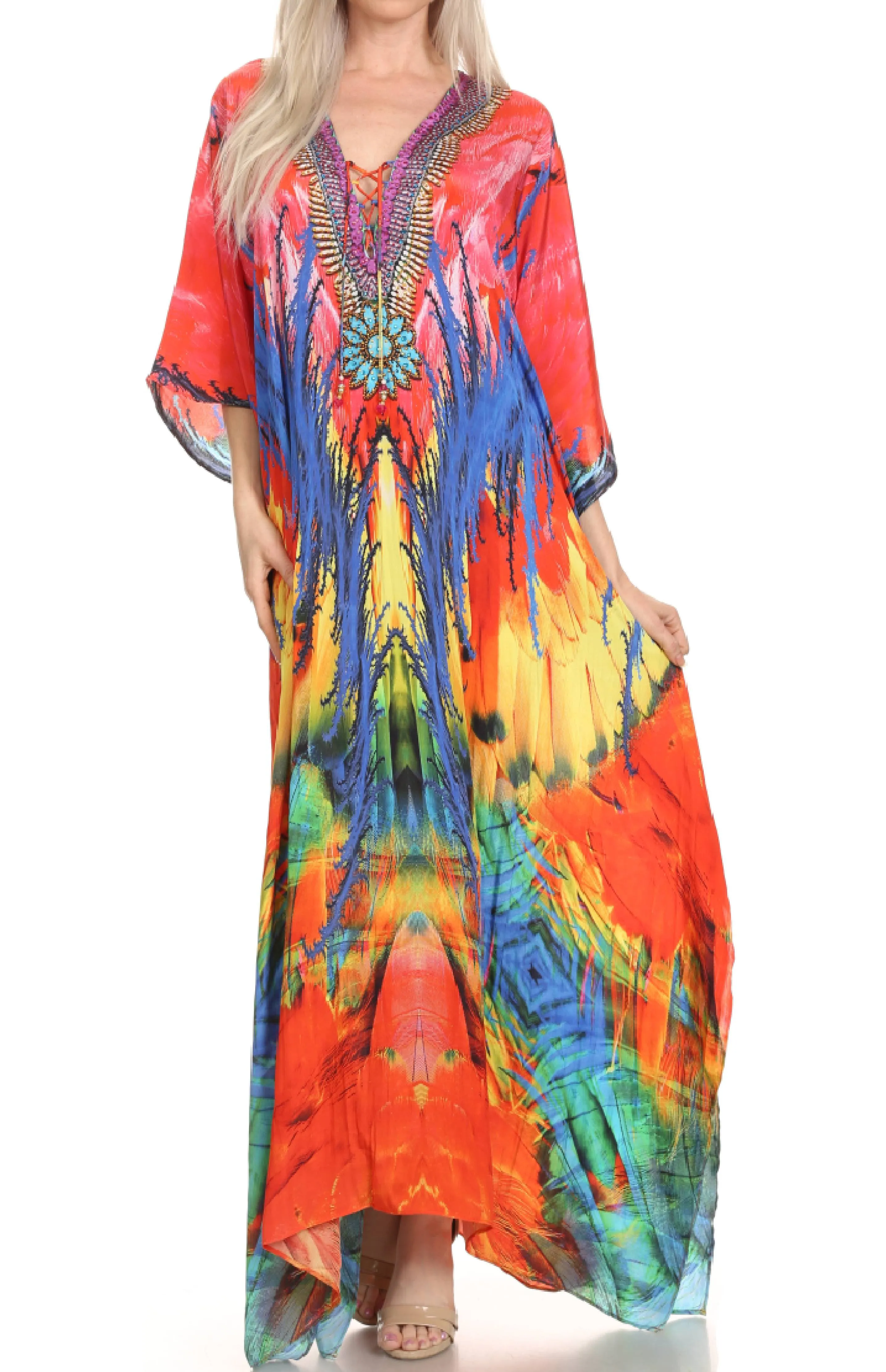 Sakkas Milanna Women's V neck Short Sleeve Vibrant Print Caftan Dress Cover-up