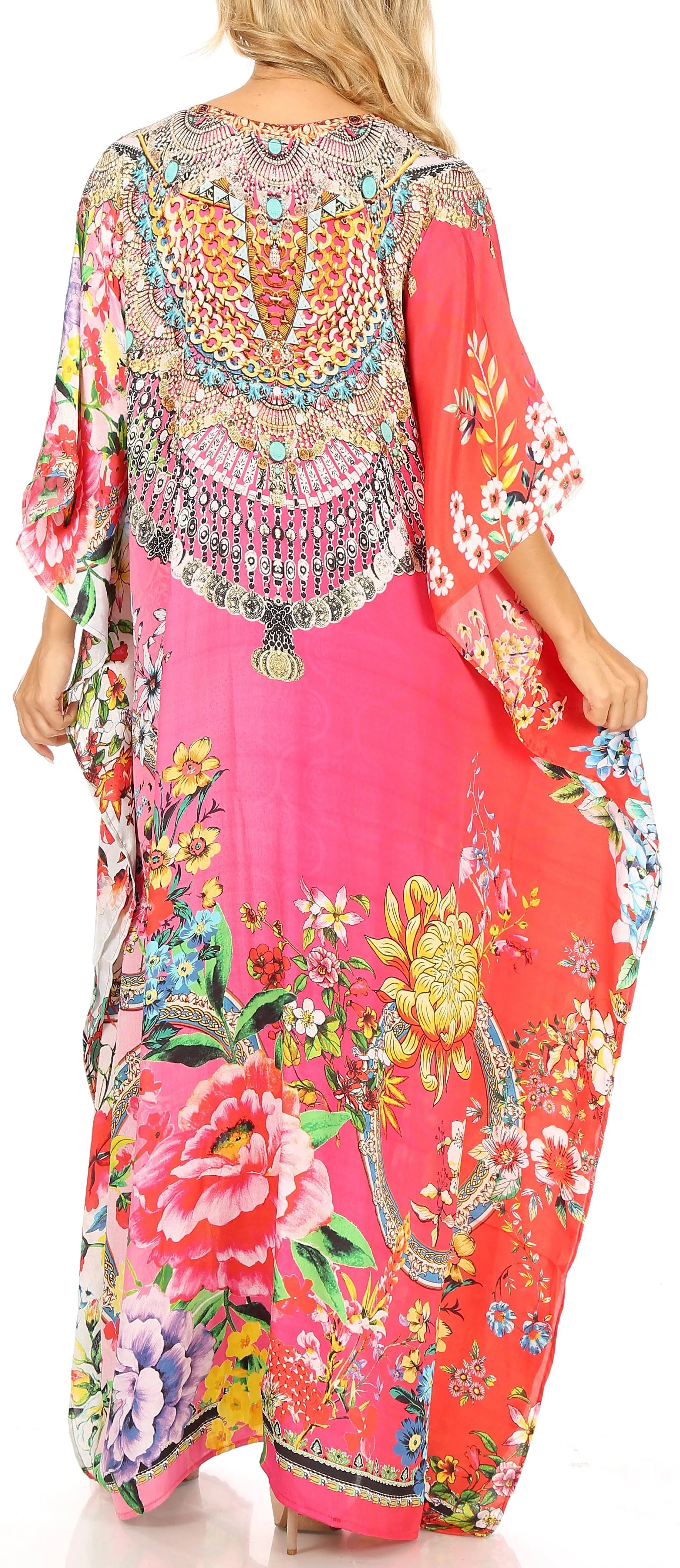 Sakkas Milanna Women's V neck Short Sleeve Vibrant Print Caftan Dress Cover-up