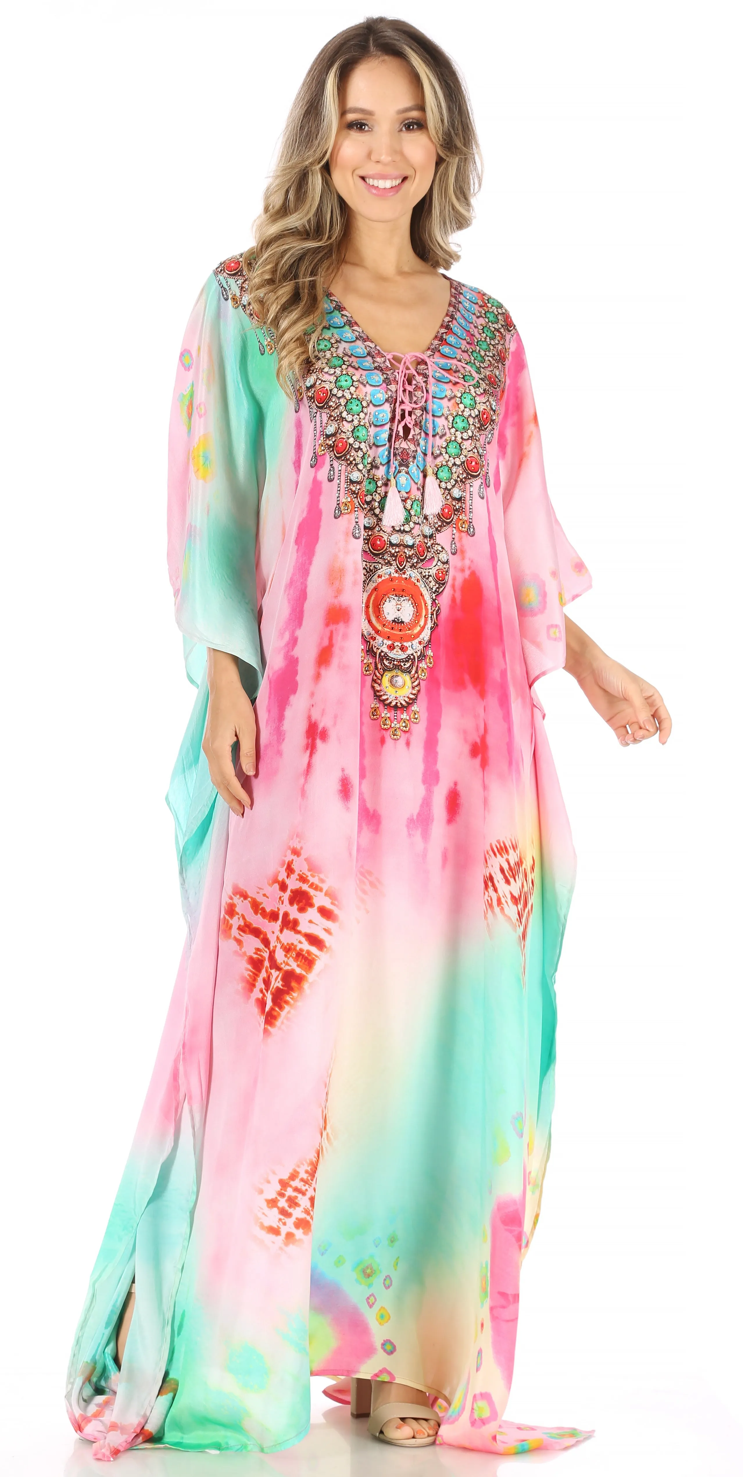 Sakkas Milanna Women's V neck Short Sleeve Vibrant Print Caftan Dress Cover-up