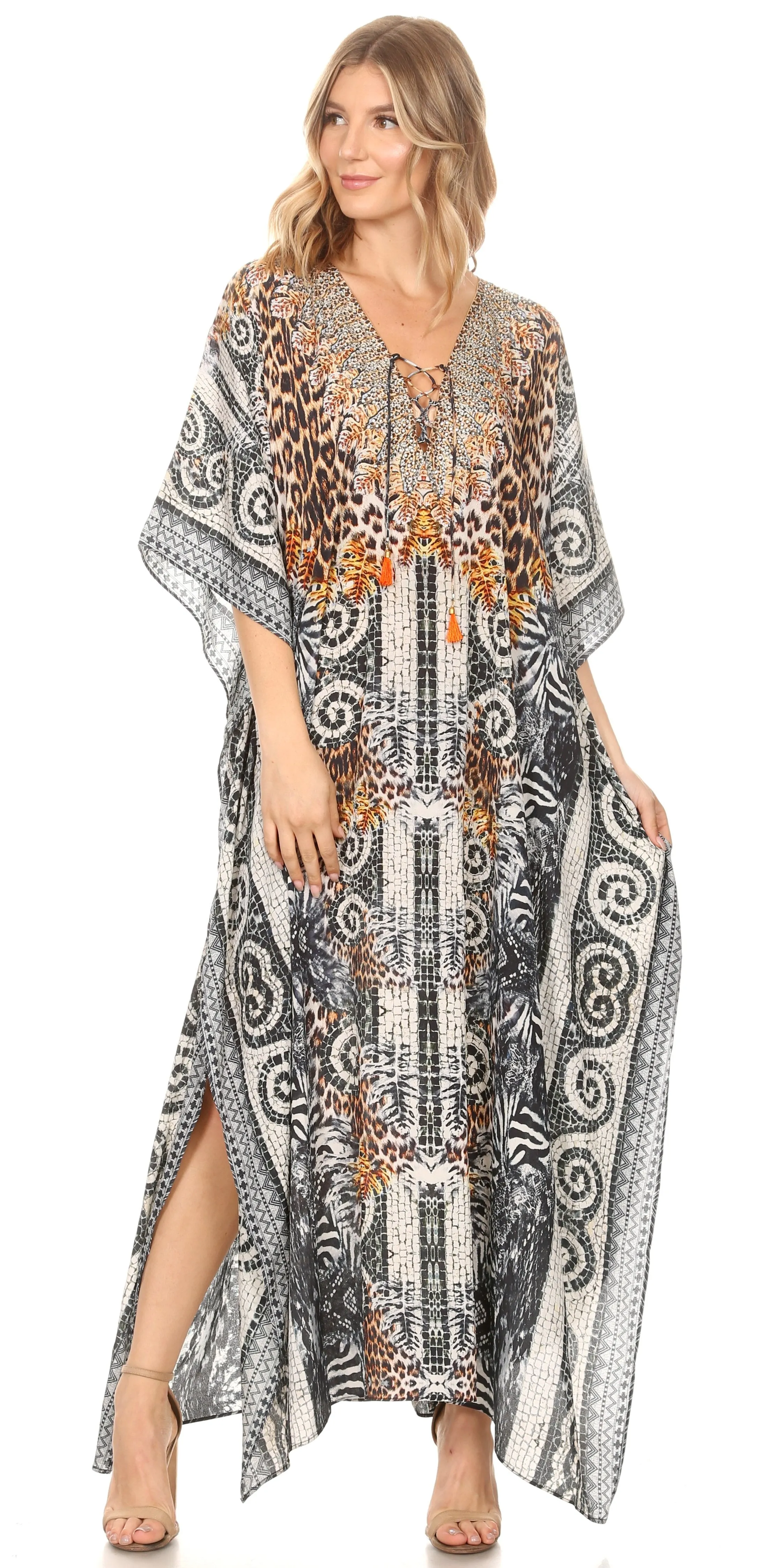 Sakkas Milanna Women's V neck Short Sleeve Vibrant Print Caftan Dress Cover-up