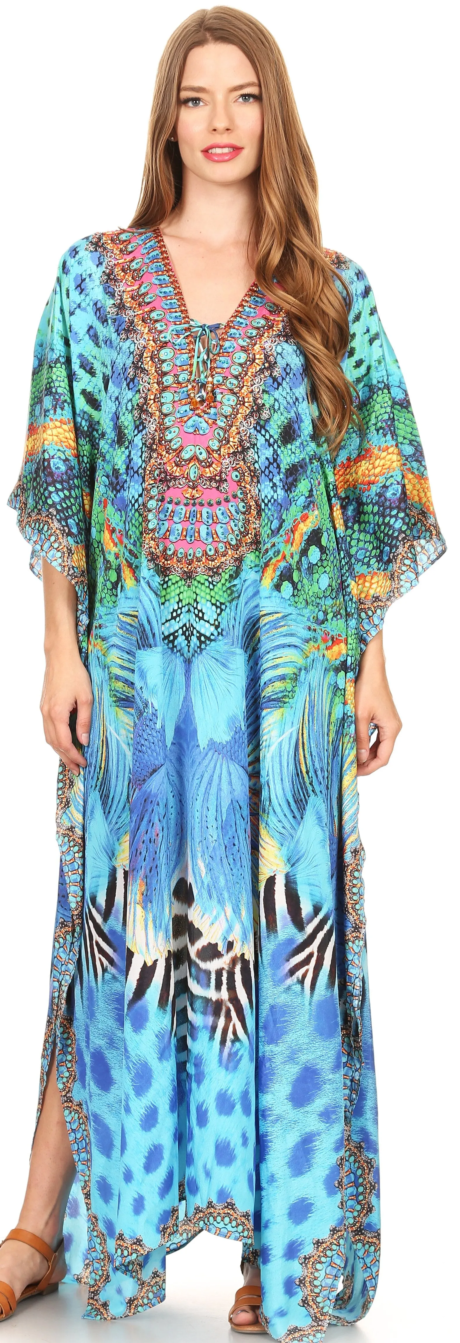 Sakkas Milanna Women's V neck Short Sleeve Vibrant Print Caftan Dress Cover-up