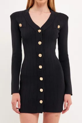 Samantha Black Shank Button V-neckline Knit Mini Dress *limited*