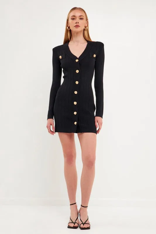 Samantha Black Shank Button V-neckline Knit Mini Dress *limited*