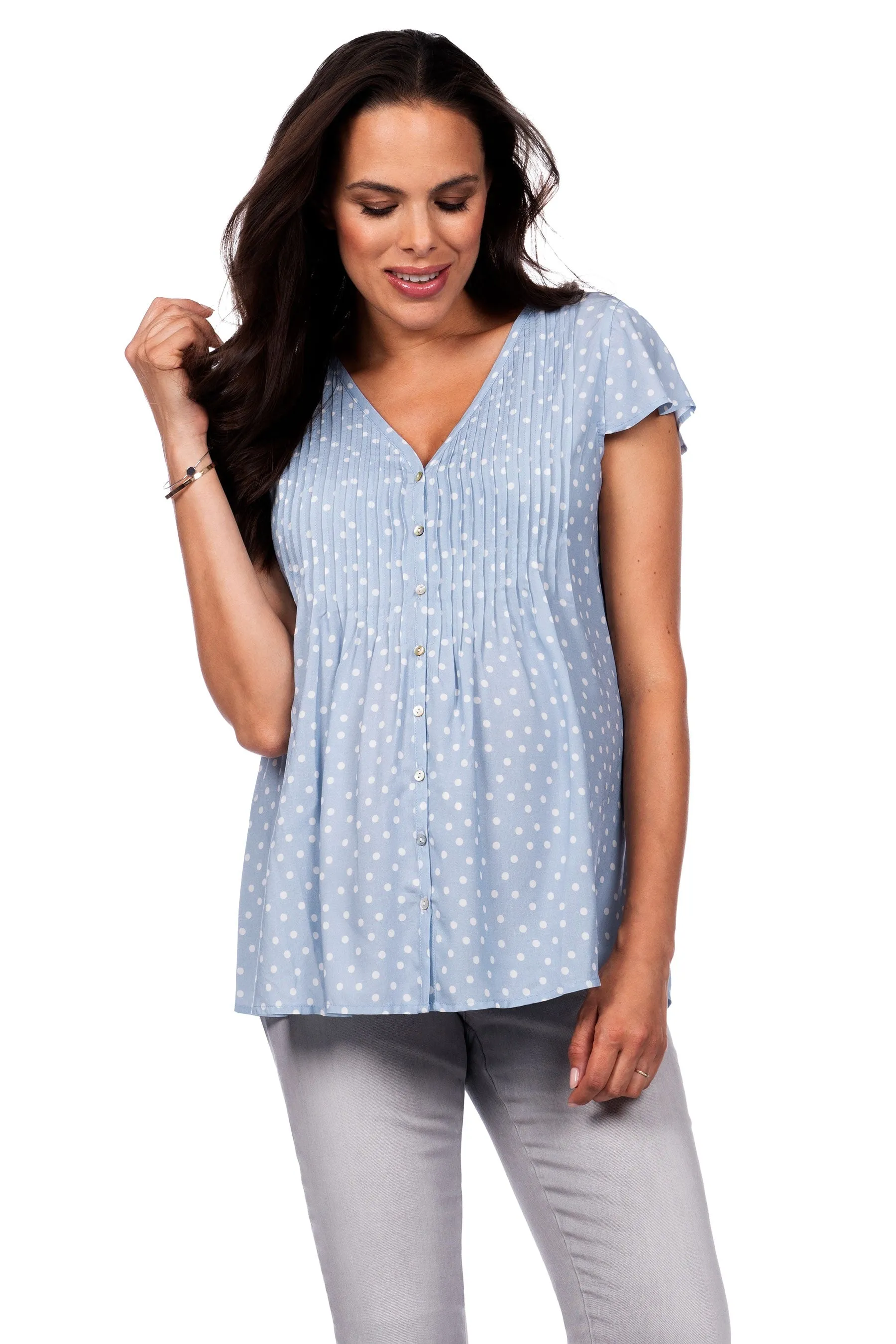 Seraphine Claudia Blue Dot Flutter Sleeve Maternity & Nursing Blouse