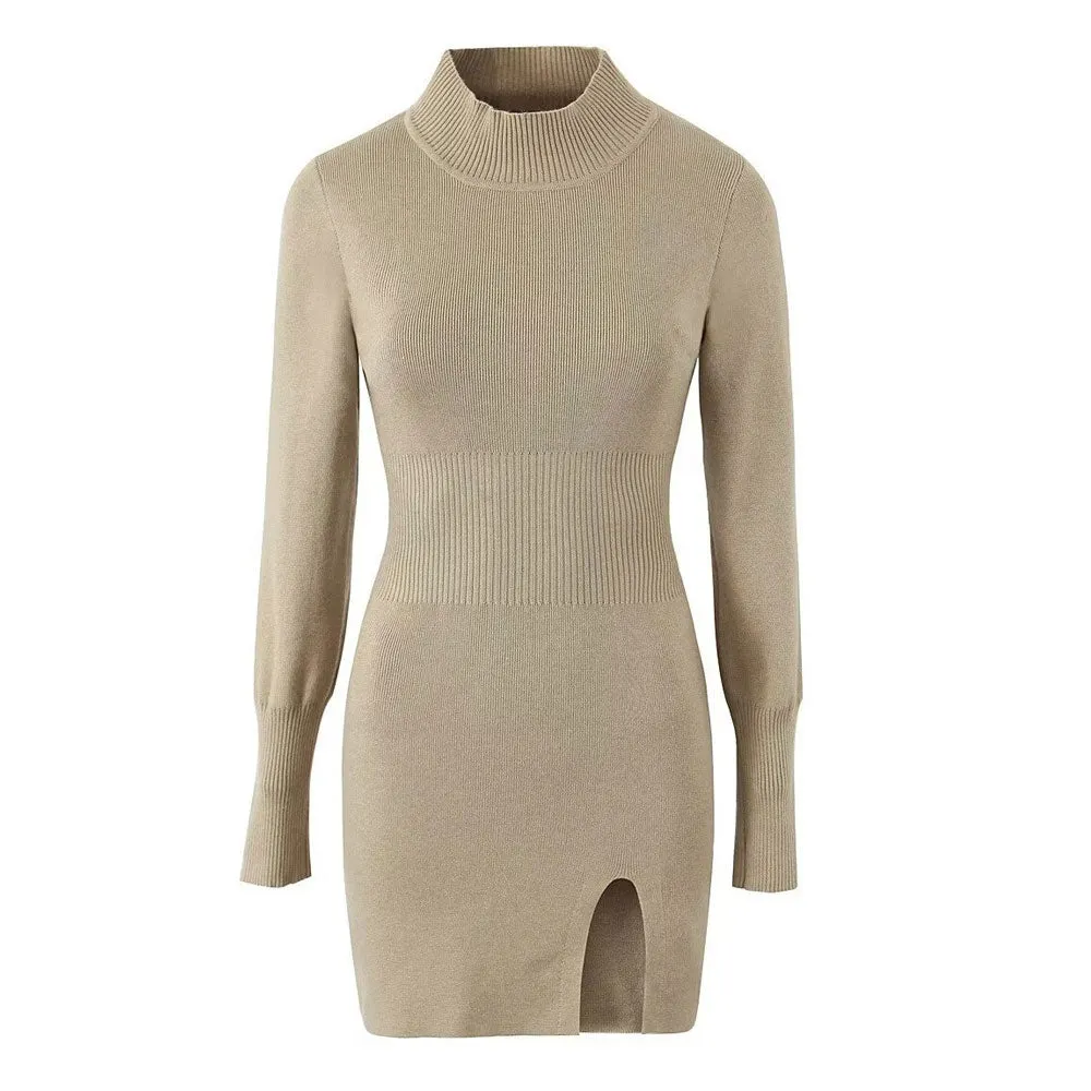 Sexy Ribbed Knit High Neck Long Sleeve Split Bodycon Sweater Mini Dress