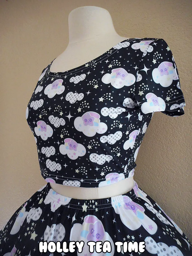 Shooting Star Clouds Black Short Sleeve Crop Top [Made To Order]