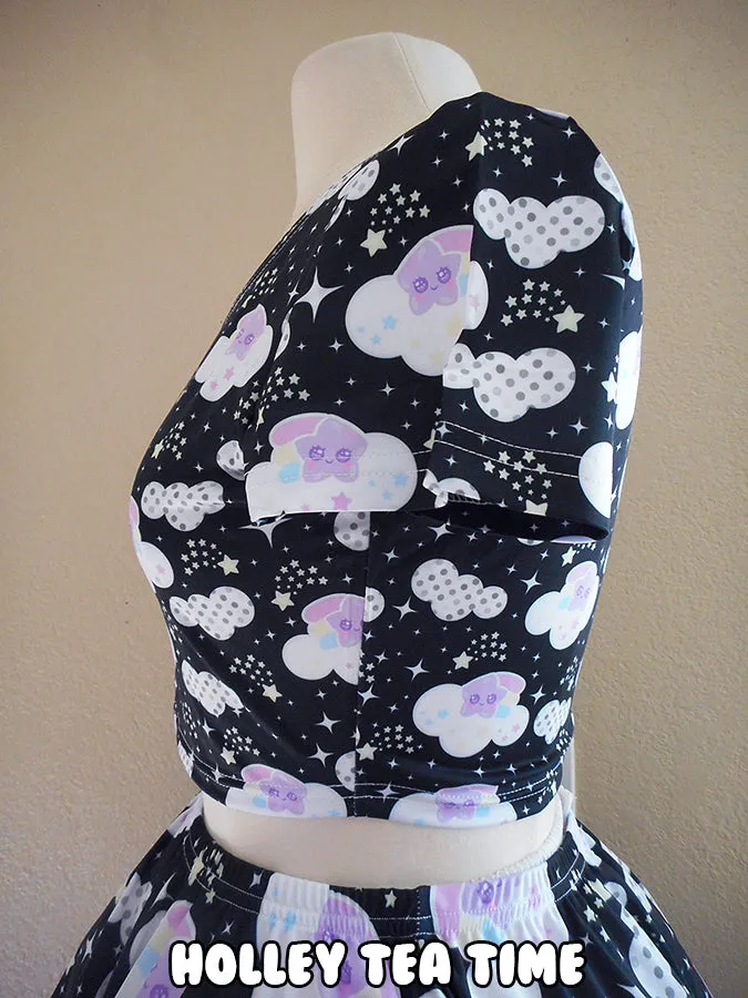 Shooting Star Clouds Black Short Sleeve Crop Top [Made To Order]