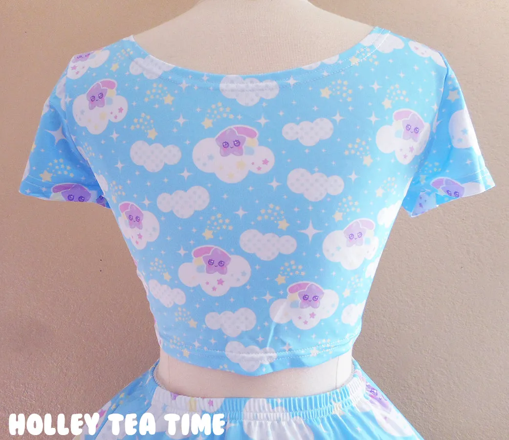 Shooting Star Clouds Blue Short Sleeve Crop Top [Made To Order]