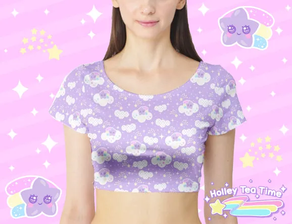 Shooting Star Clouds Purple Short Sleeve Crop Top [Made To Order]