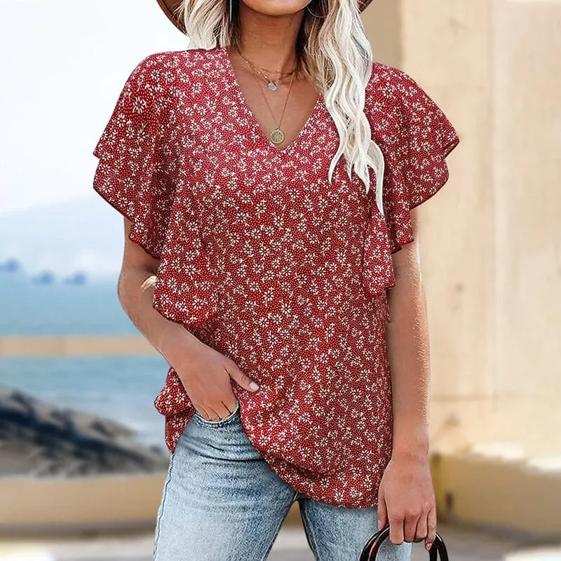 Short-sleeved blouse with V-neck and flower print