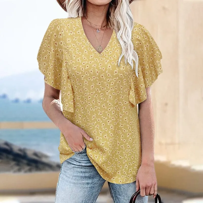 Short-sleeved blouse with V-neck and flower print