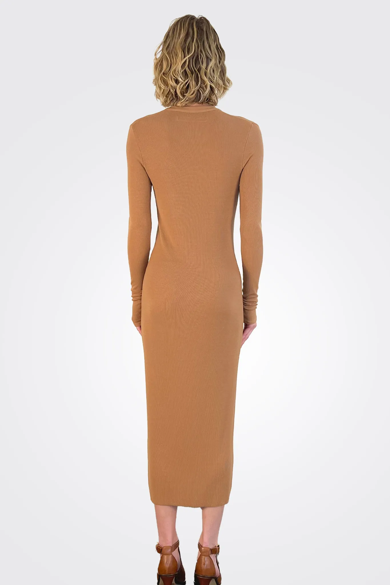 Silk Rib Long Sleeve Cardigan Midi Dress - Bronze