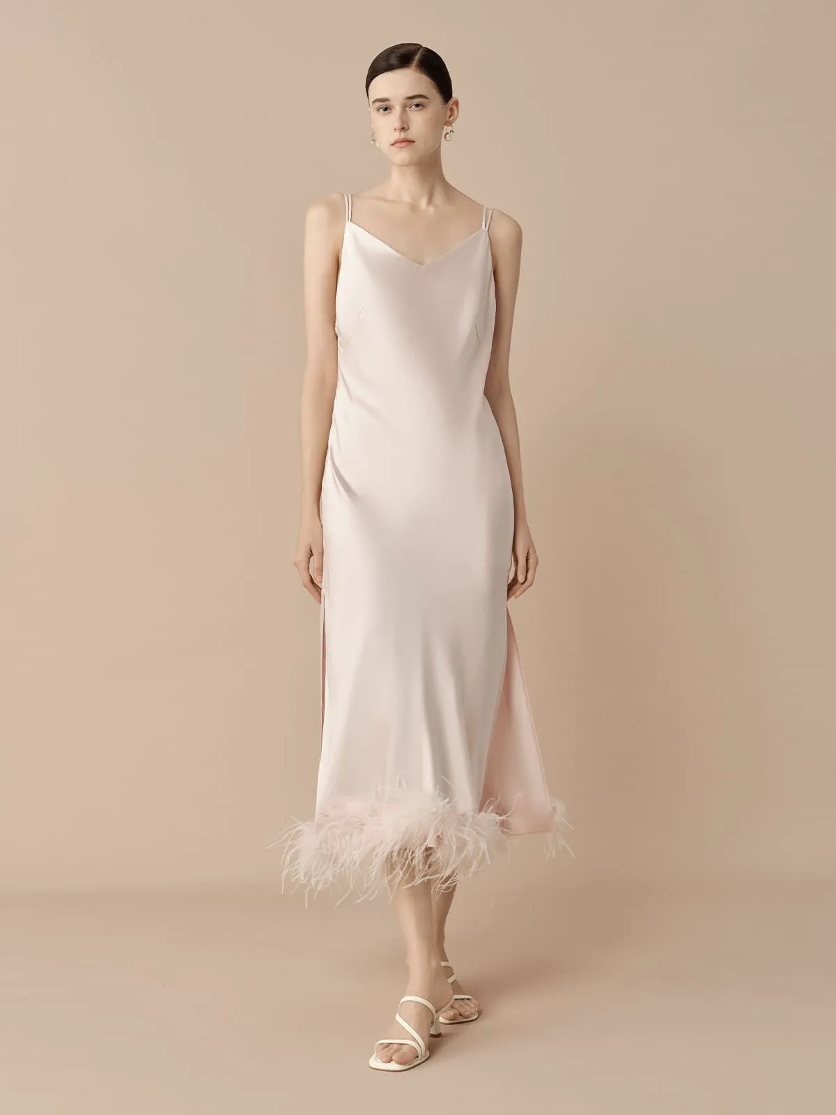 SILKINC Long Silk Slip Dress with Feather Trim