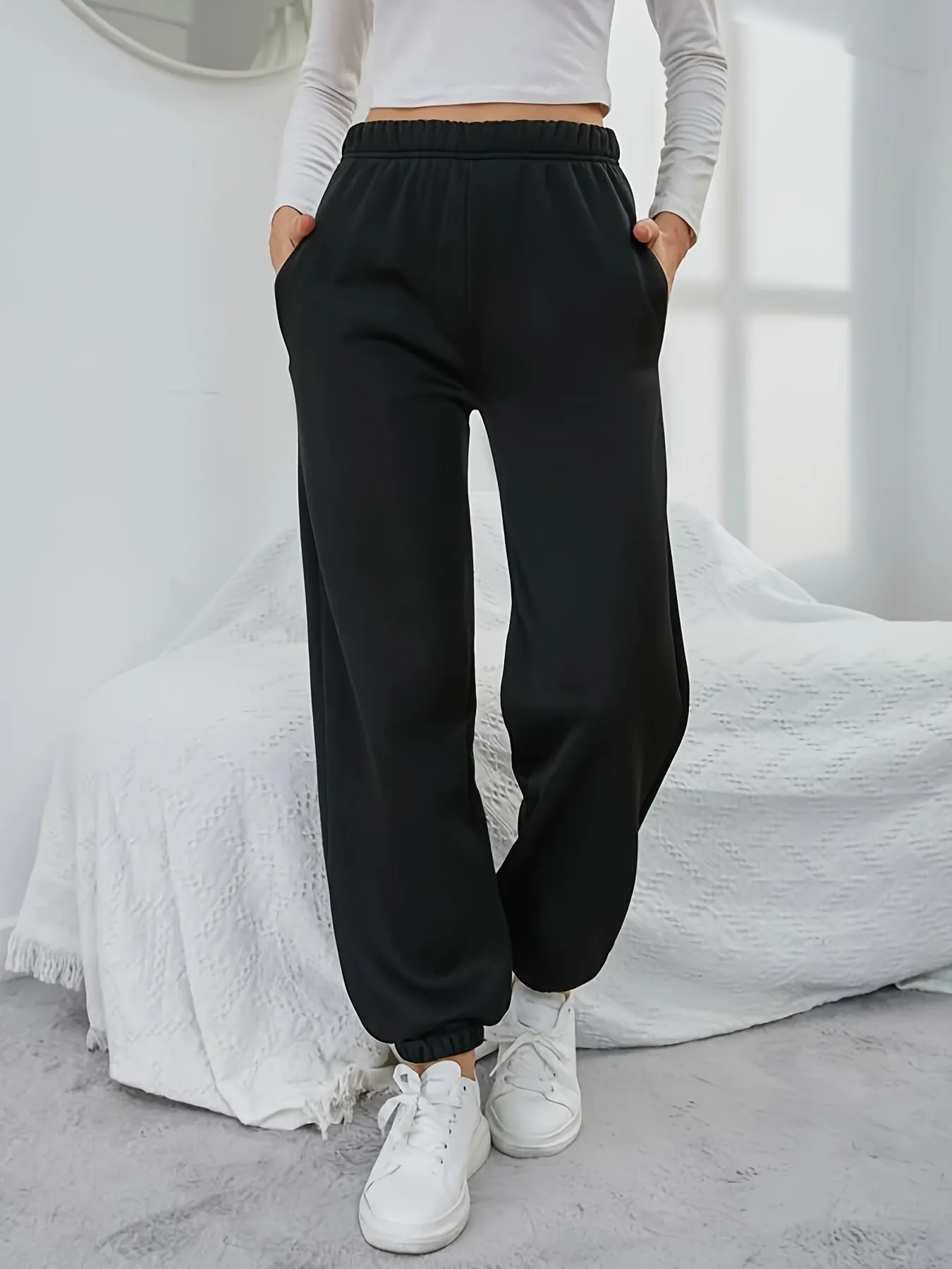 Simple Loose Pocket Casual High Waist Fashion Long Sweatpants