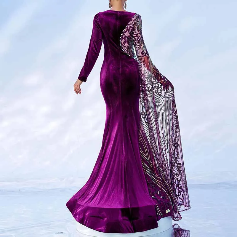 Single Cape Sleeves Velvet Evening Dress Long Prom Dress Event Dress