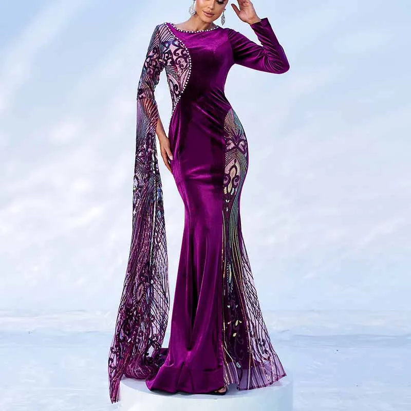 Single Cape Sleeves Velvet Evening Dress Long Prom Dress Event Dress