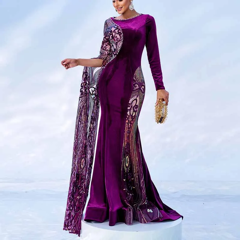 Single Cape Sleeves Velvet Evening Dress Long Prom Dress Event Dress