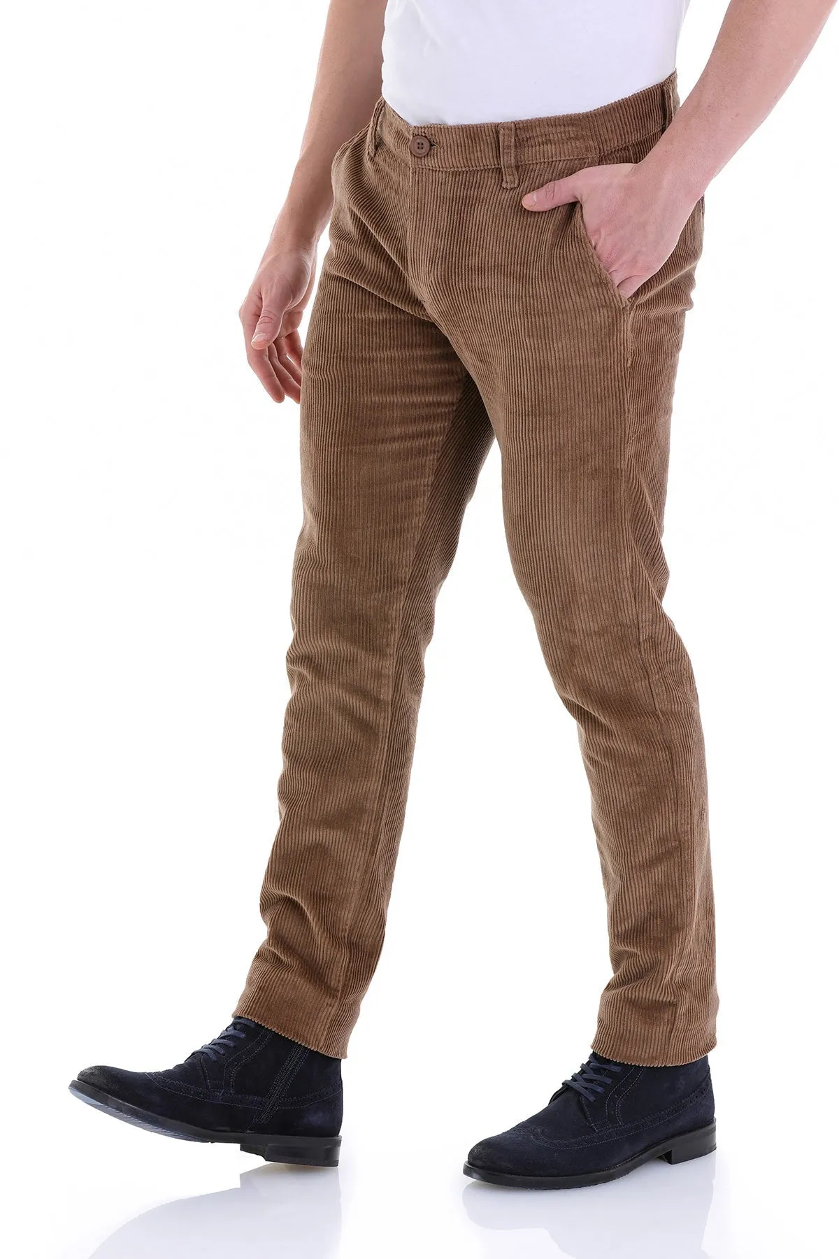 Slim Fit Brown Side Pocket Low Waist Cotton Dress Pants