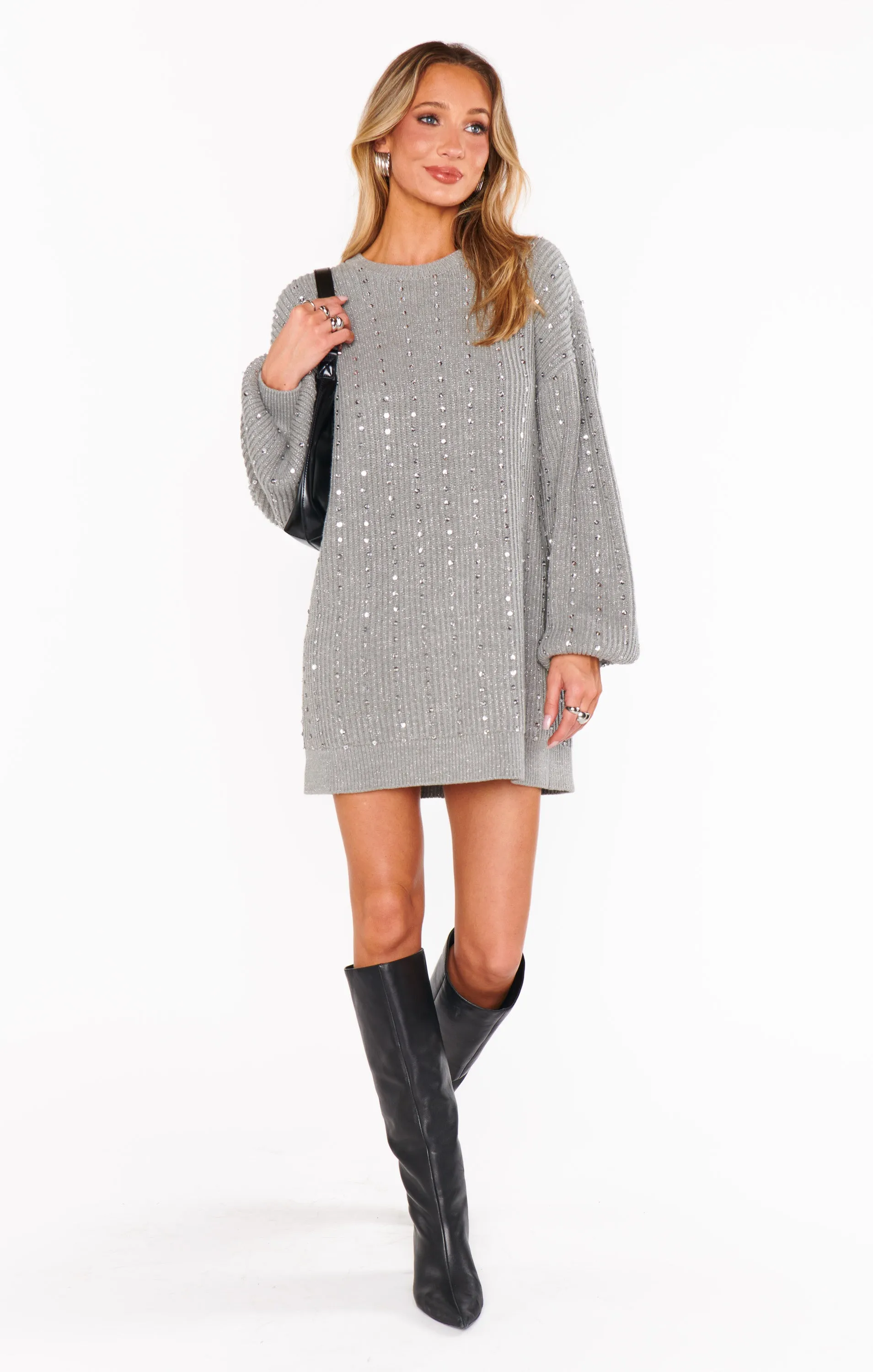 Social Sweater Dress ~ Silver Sequins Knit