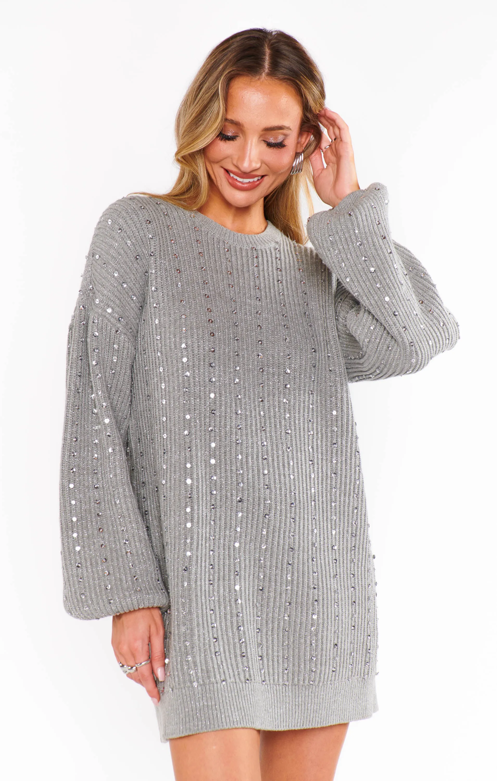 Social Sweater Dress ~ Silver Sequins Knit