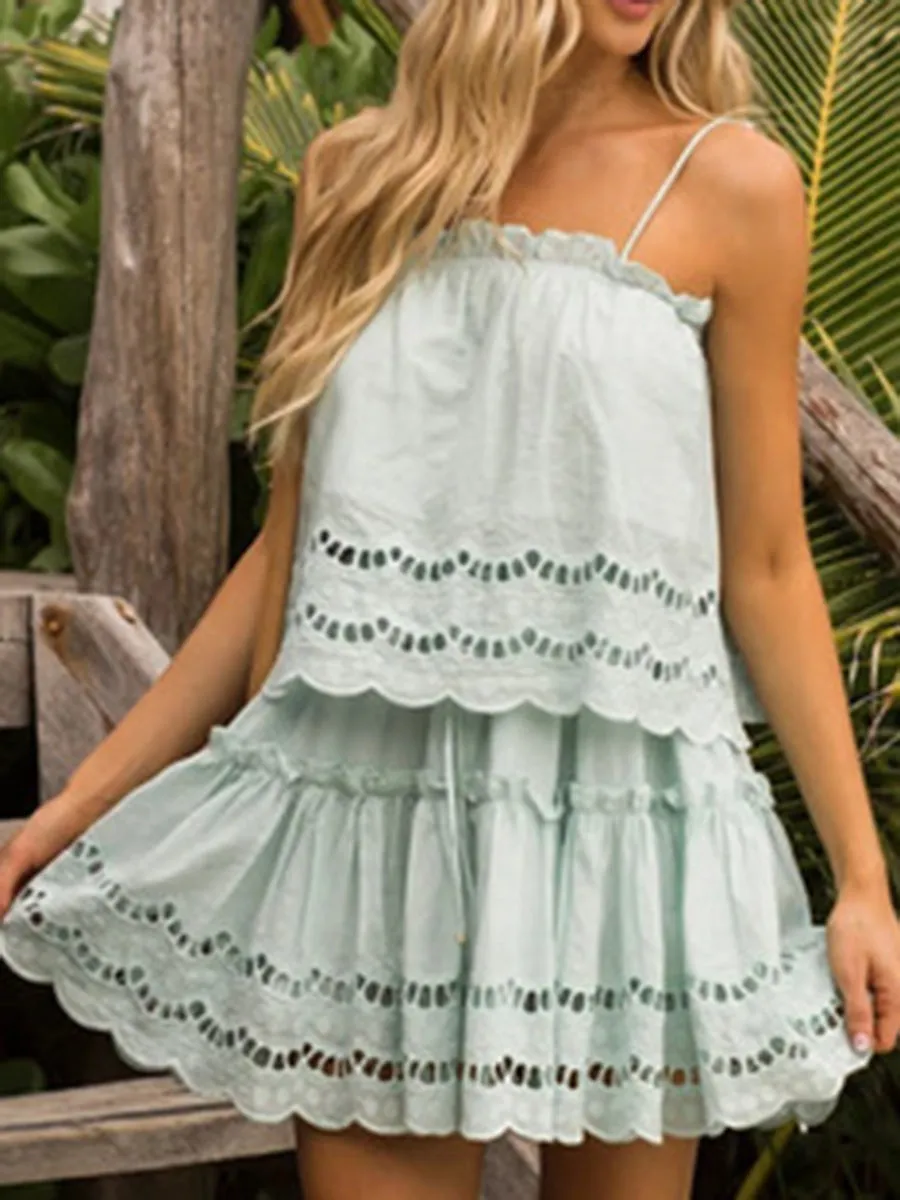 Solid Color Cute Ruffled Loose Slip Dress for Summer