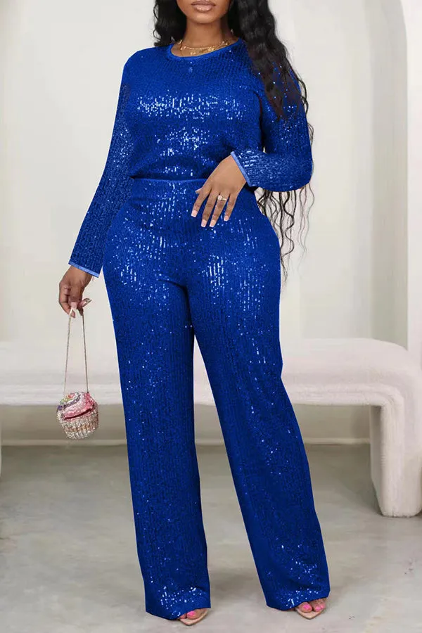 Sparkly Round Neck Sequin Top & Pants Set