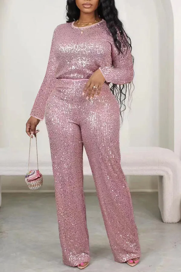 Sparkly Round Neck Sequin Top & Pants Set