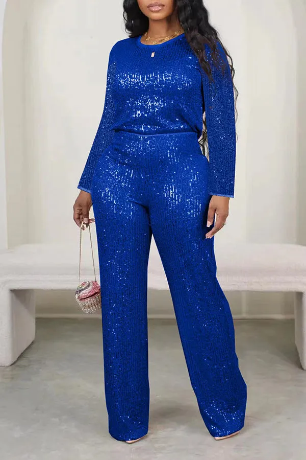 Sparkly Round Neck Sequin Top & Pants Set