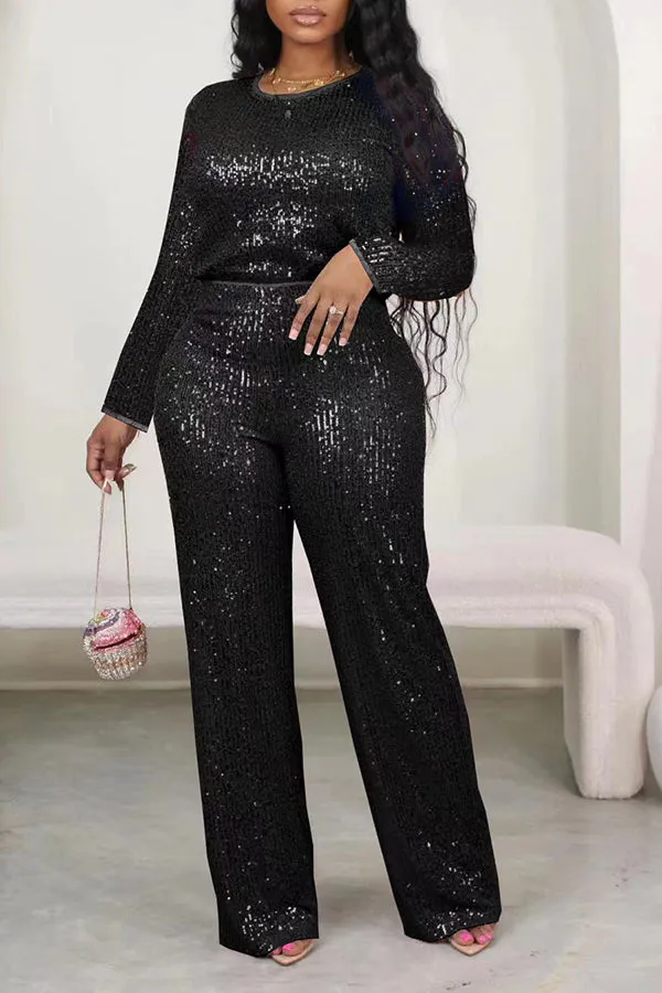 Sparkly Round Neck Sequin Top & Pants Set