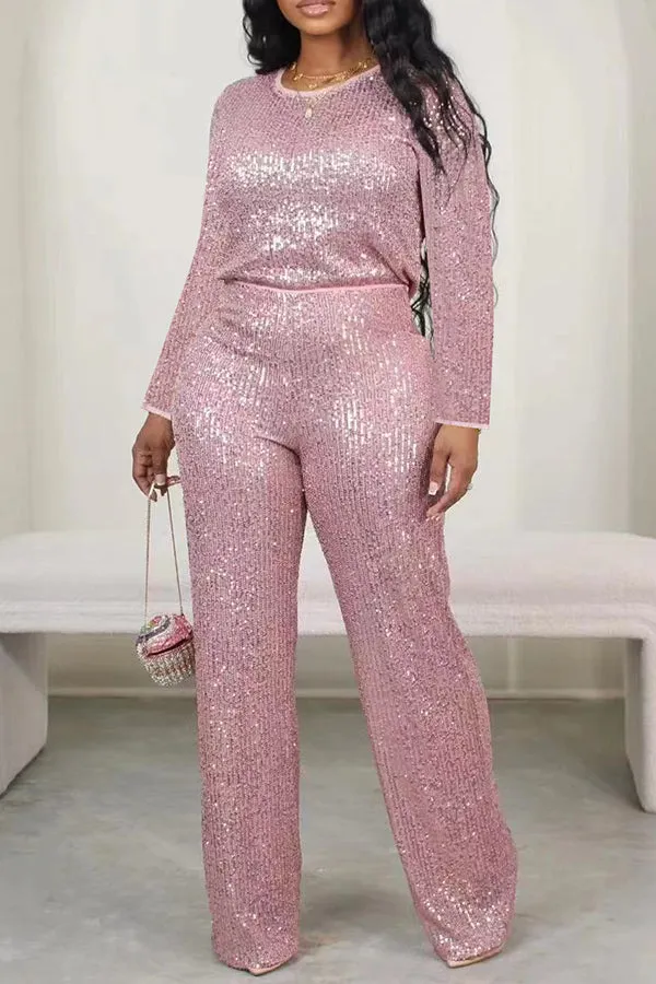 Sparkly Round Neck Sequin Top & Pants Set