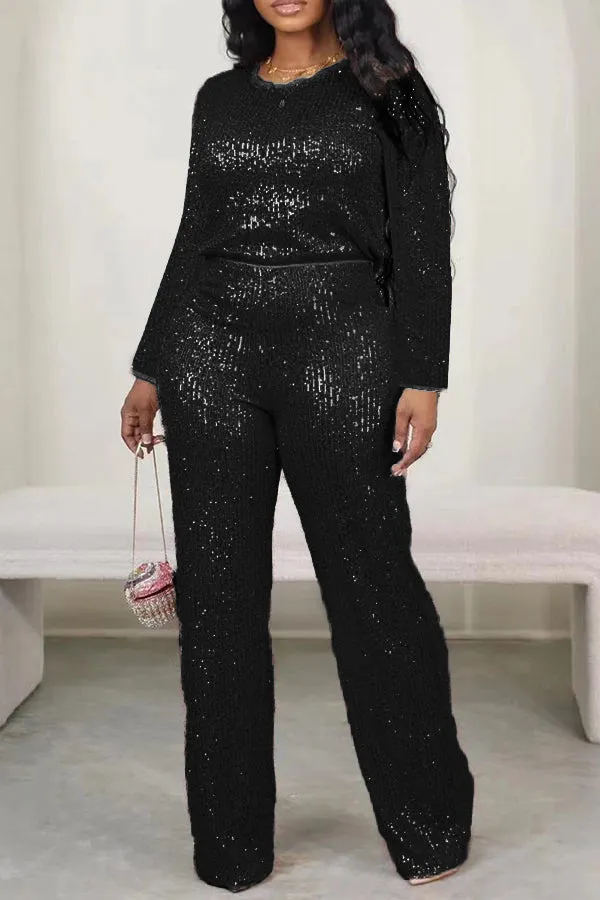 Sparkly Round Neck Sequin Top & Pants Set