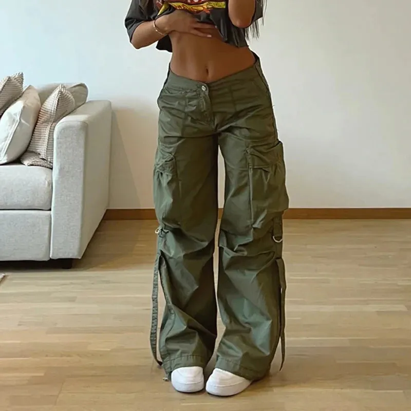 Streetwear Basic Buckle Cargo Pants Women Solid Straight Leg Big Pockets Baggy Trousers All-Match Y2K Sweatpants Chic