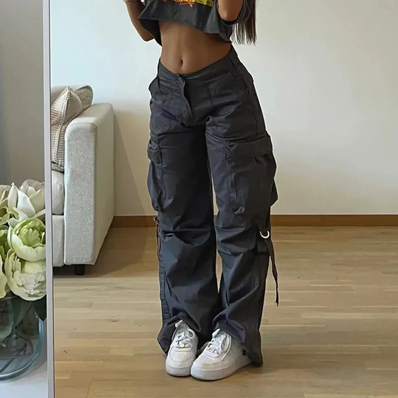 Streetwear Basic Buckle Cargo Pants Women Solid Straight Leg Big Pockets Baggy Trousers All-Match Y2K Sweatpants Chic