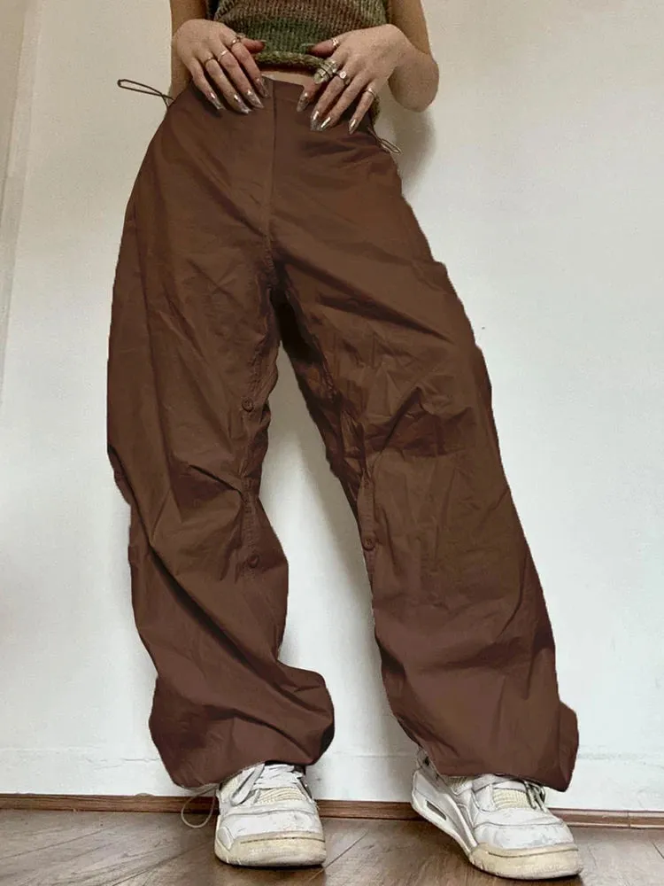 Streetwear Oversize Drawstring Cargos Parachute Pants Low Waist Sweatpants Shirring Hip Hop Baggy Trousers Tech Chic